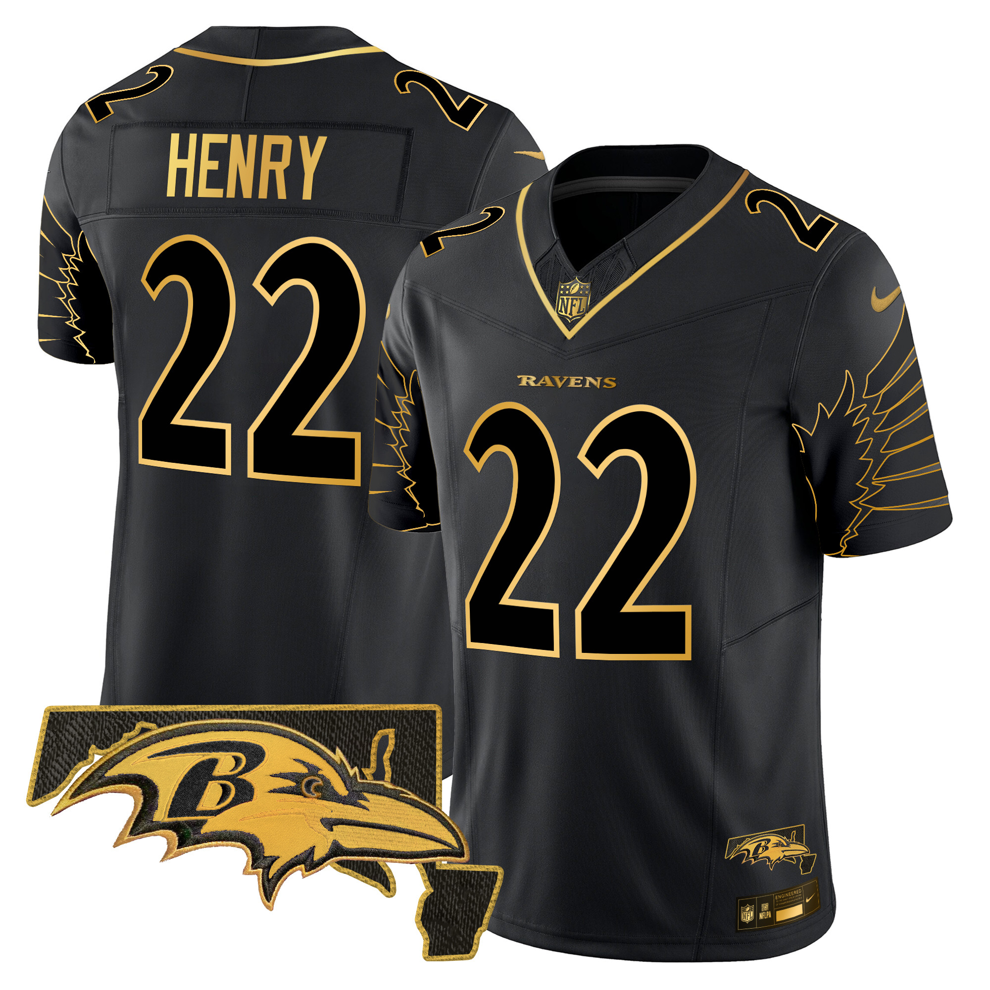 Derrick Henry Men's Baltimore Ravens Maryland Patch Gold Vapor Limited Black Gold Jersey - All Stitched