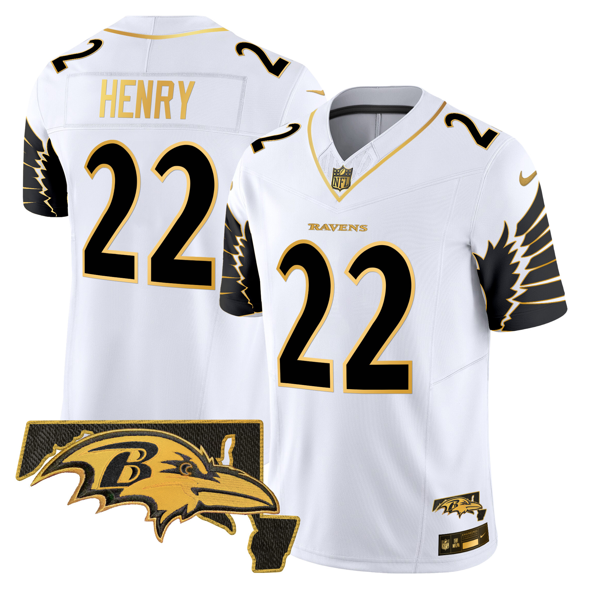 Derrick Henry Men's Baltimore Ravens Maryland Patch Gold Vapor Limited White Gold Jersey - All Stitched