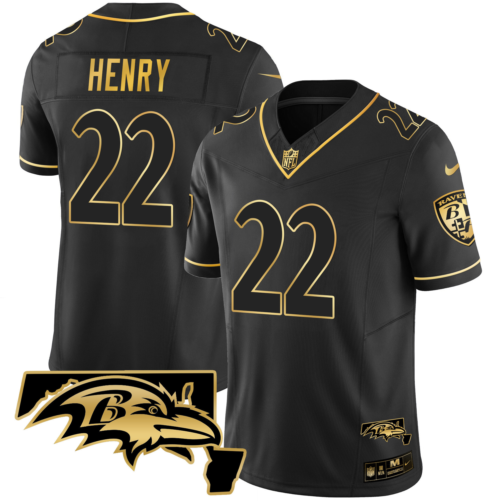 Derrick Henry Men's Baltimore Ravens Maryland Patch Vapor Gold Black Gold Jersey - All Stitched
