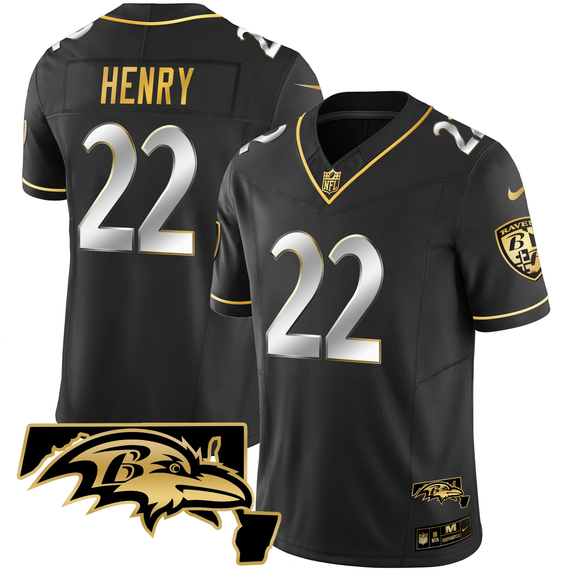 Derrick Henry Men's Baltimore Ravens Maryland Patch Vapor Gold Black Limited Jersey - All Stitched