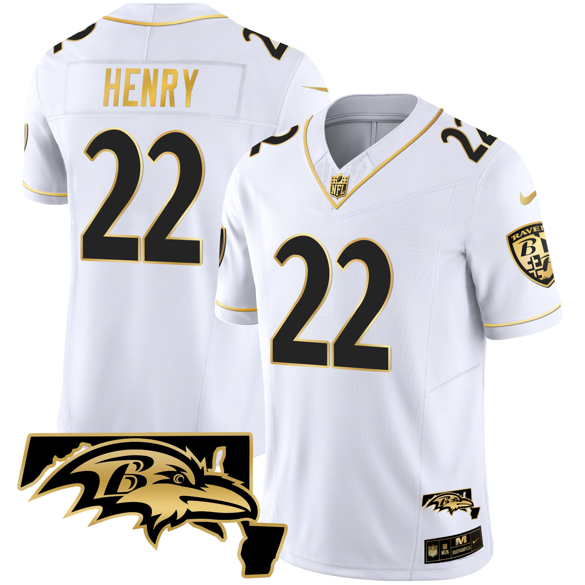Derrick Henry Men's Baltimore Ravens Maryland Patch Vapor Gold White Gold Jersey - All Stitched