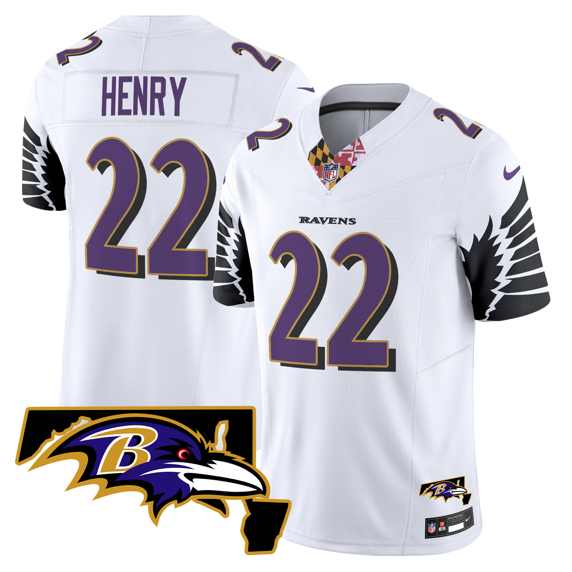 Derrick Henry Men's Baltimore Ravens Maryland Patch Vapor Limited White Jersey - All Stitched