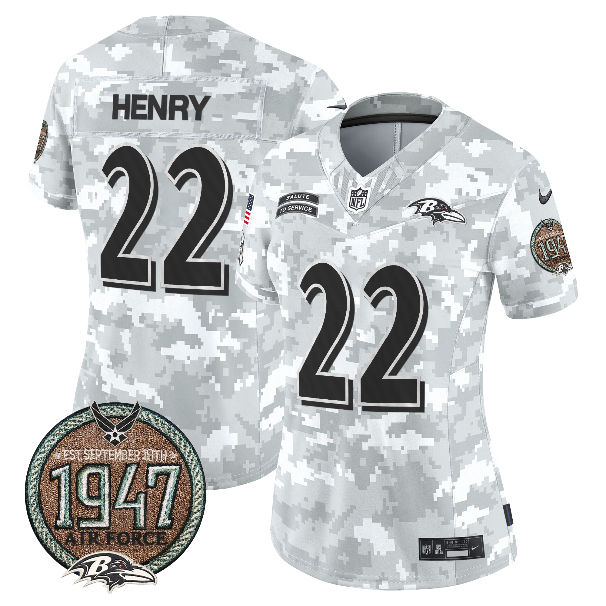 Derrick Henry Women's Baltimore Ravens 2024 Salute to Service Establishment Year Patch Vapor Limited Air Force Jersey - All Stitched