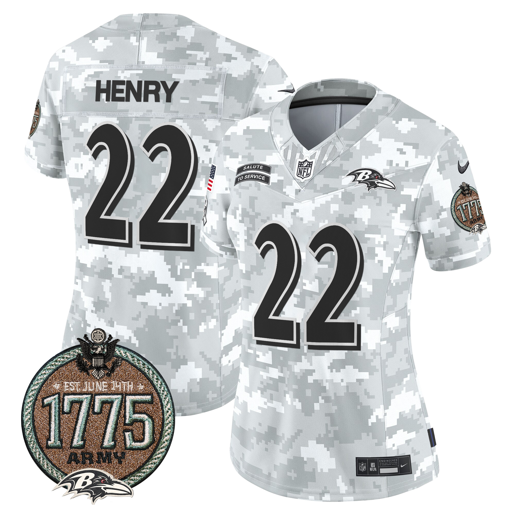 Derrick Henry Women's Baltimore Ravens 2024 Salute to Service Establishment Year Patch Vapor Limited Army Jersey - All Stitched