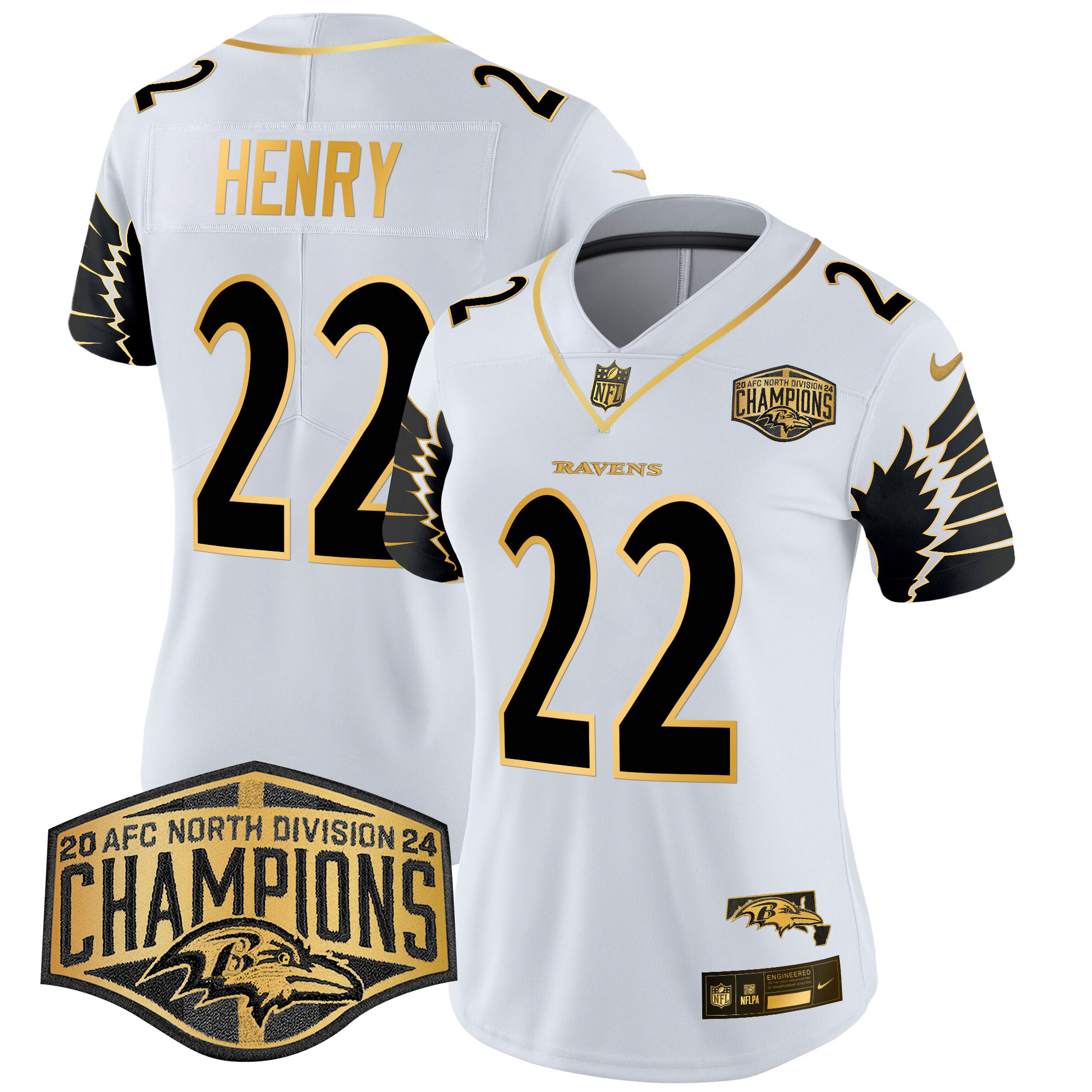 Derrick Henry Women's Baltimore Ravens Maryland 2024 AFC North Division Champions Patch Gold Vapor Limited White Gold Jersey - All Stitched