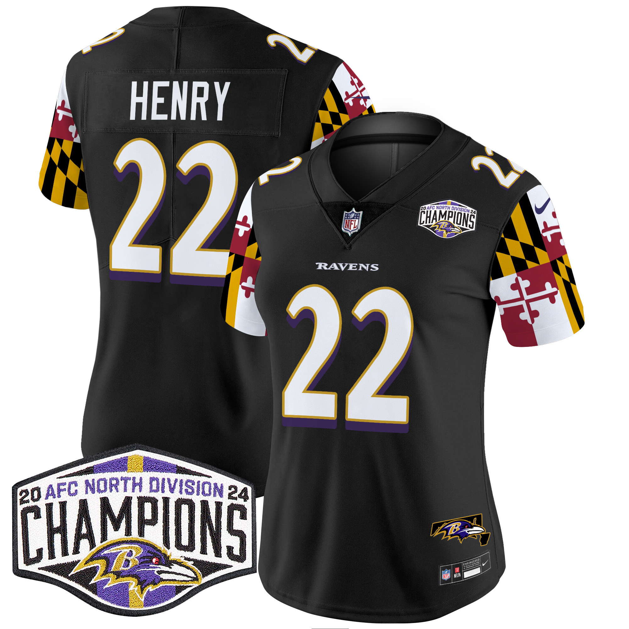 Derrick Henry Women's Baltimore Ravens Maryland Flag 2024 AFC North Division Champions Patch Vapor Limited Black Jersey - All Stitched