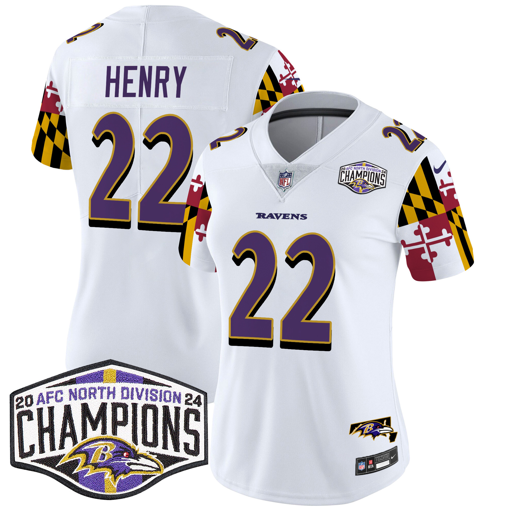 Derrick Henry Women's Baltimore Ravens Maryland Flag 2024 AFC North Division Champions Patch Vapor Limited White Jersey - All Stitched