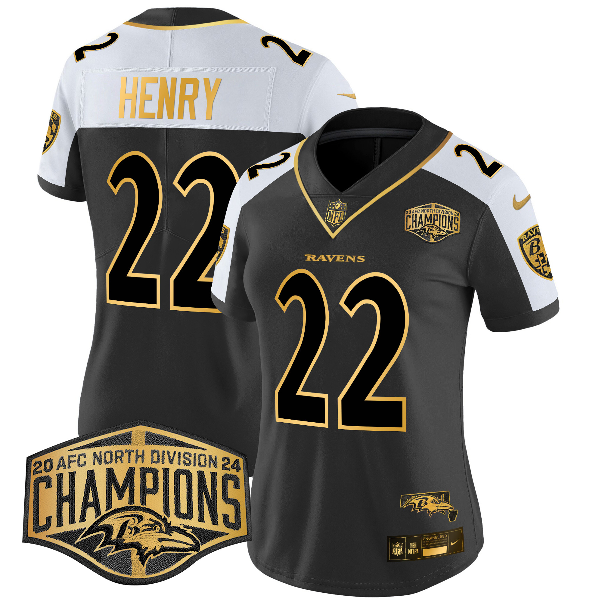Derrick Henry Women's Baltimore Ravens Maryland Flag Map 2024 AFC North Division Champions Patch Gold Vapor Limited Alternate Jersey - All Stitched