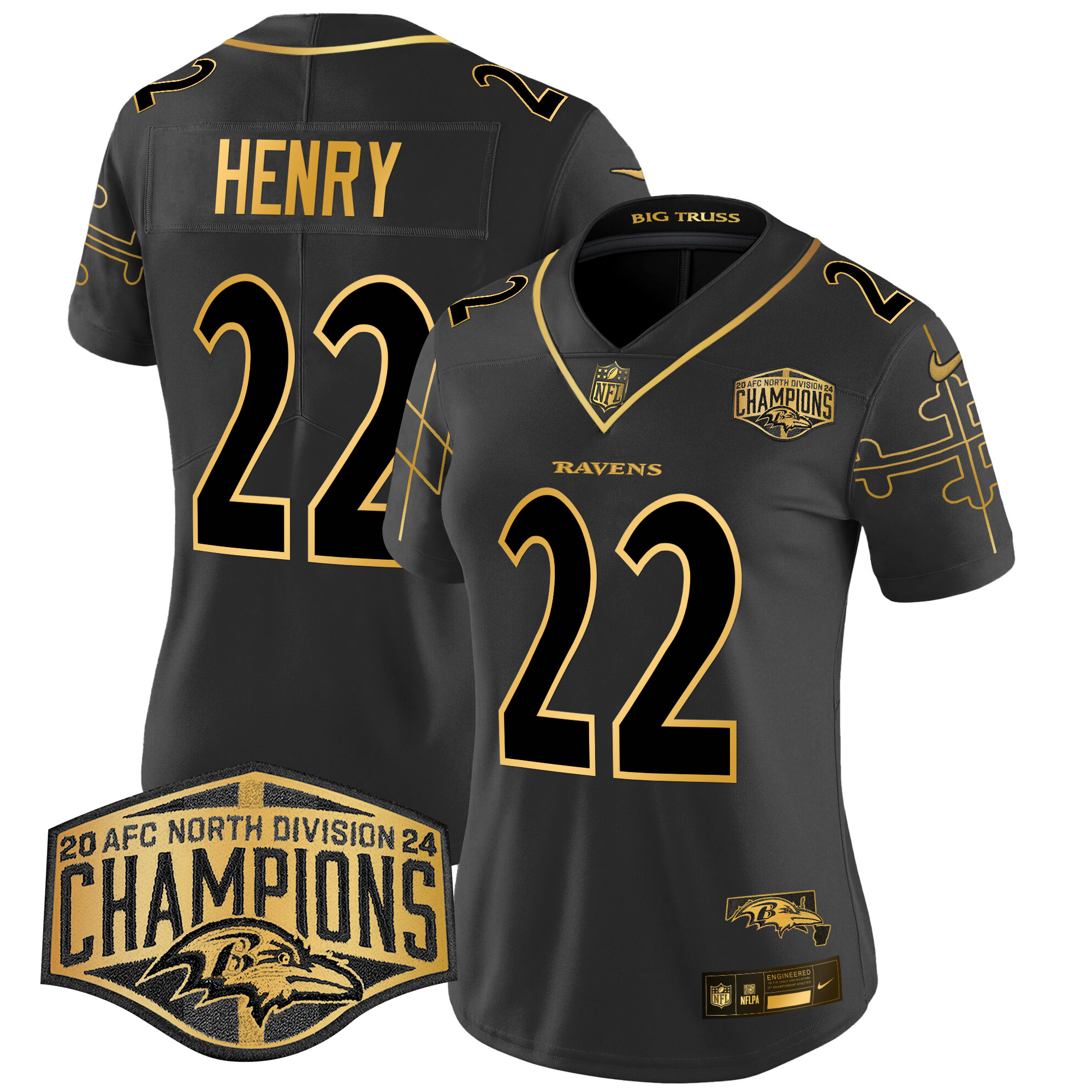 Derrick Henry Women's Baltimore Ravens Maryland Flag Map 2024 AFC North Division Champions Patch Gold Vapor Limited Black Gold Jersey - All Stitched