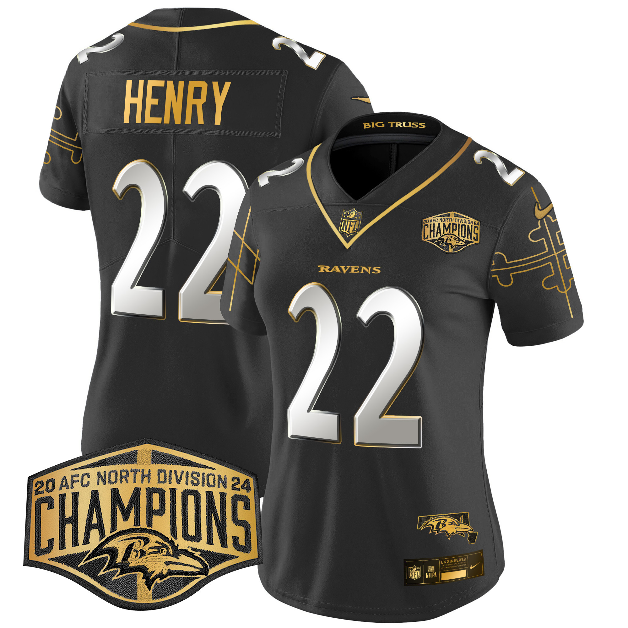 Derrick Henry Women's Baltimore Ravens Maryland Flag Map 2024 AFC North Division Champions Patch Gold Vapor Limited Black Limited Jersey - All Stitched