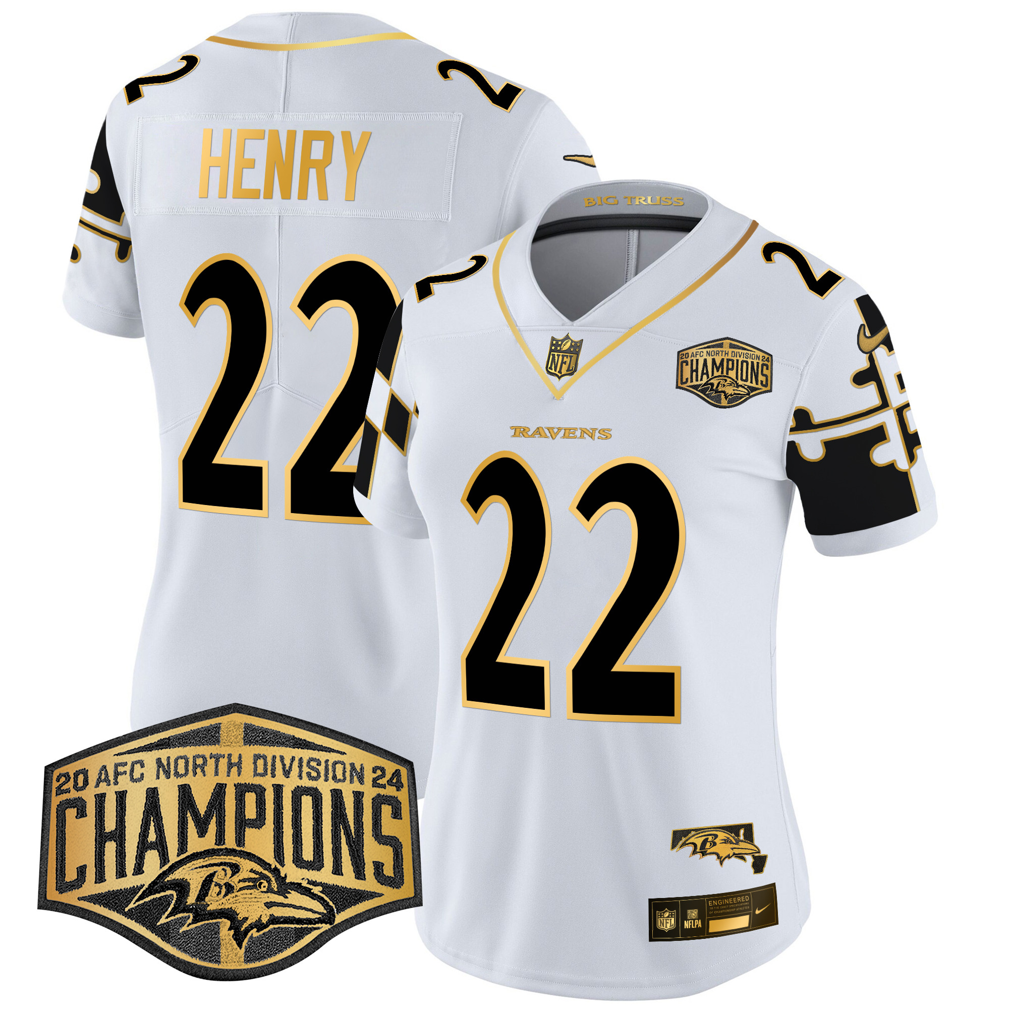 Derrick Henry Women's Baltimore Ravens Maryland Flag Map 2024 AFC North Division Champions Patch Gold Vapor Limited White Gold Jersey - All Stitched