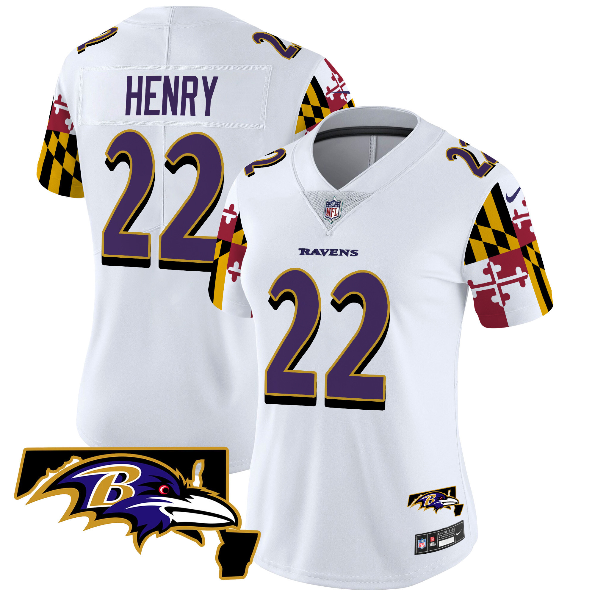 Derrick Henry Women's Baltimore Ravens Maryland Flag Vapor Limited White Jersey - All Stitched
