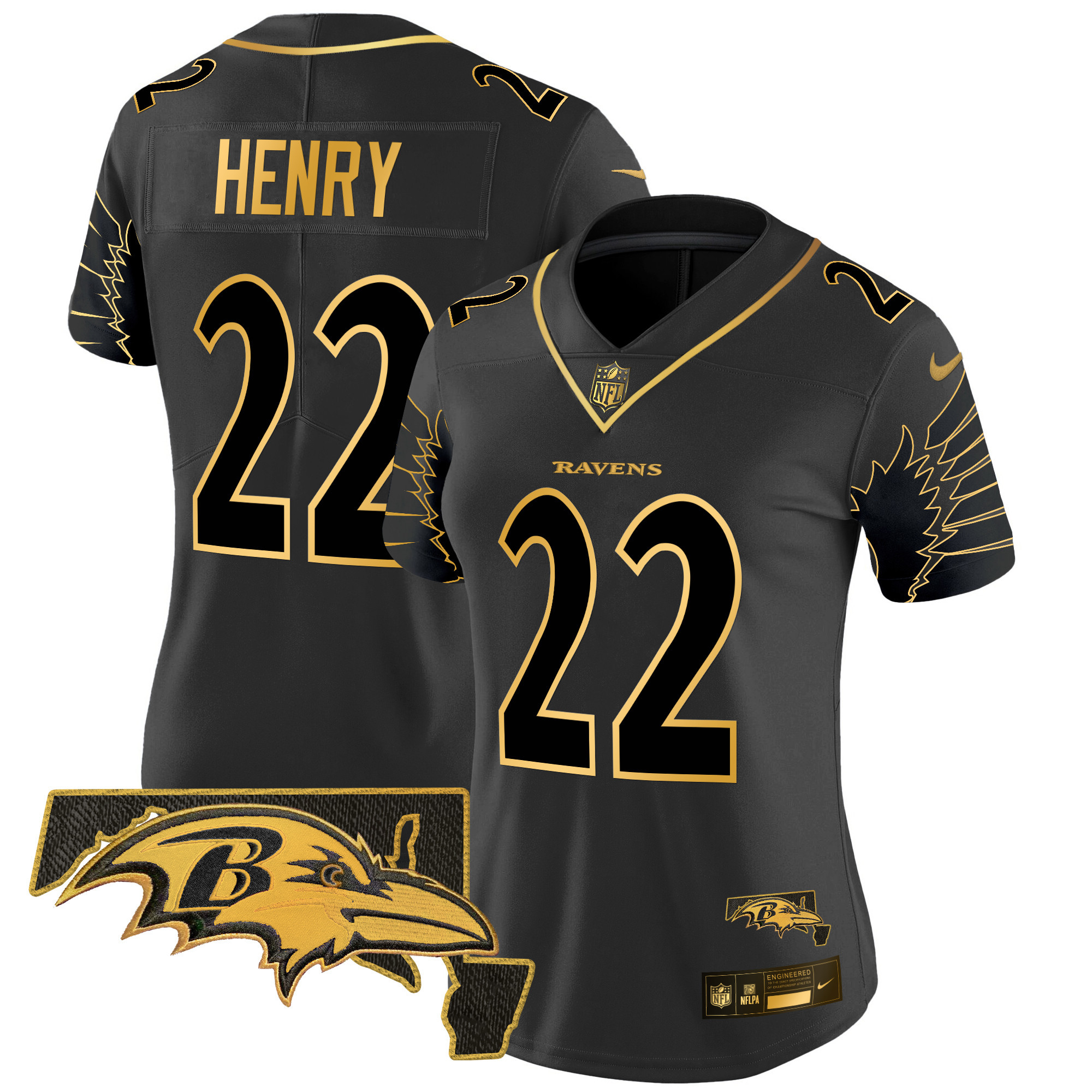 Derrick Henry Women's Baltimore Ravens Maryland Patch Gold Vapor Limited Black Gold Jersey - All Stitched