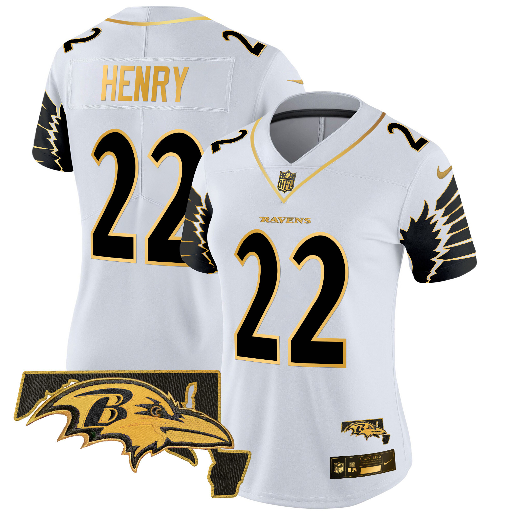 Derrick Henry Women's Baltimore Ravens Maryland Patch Gold Vapor Limited White Gold Jersey - All Stitched