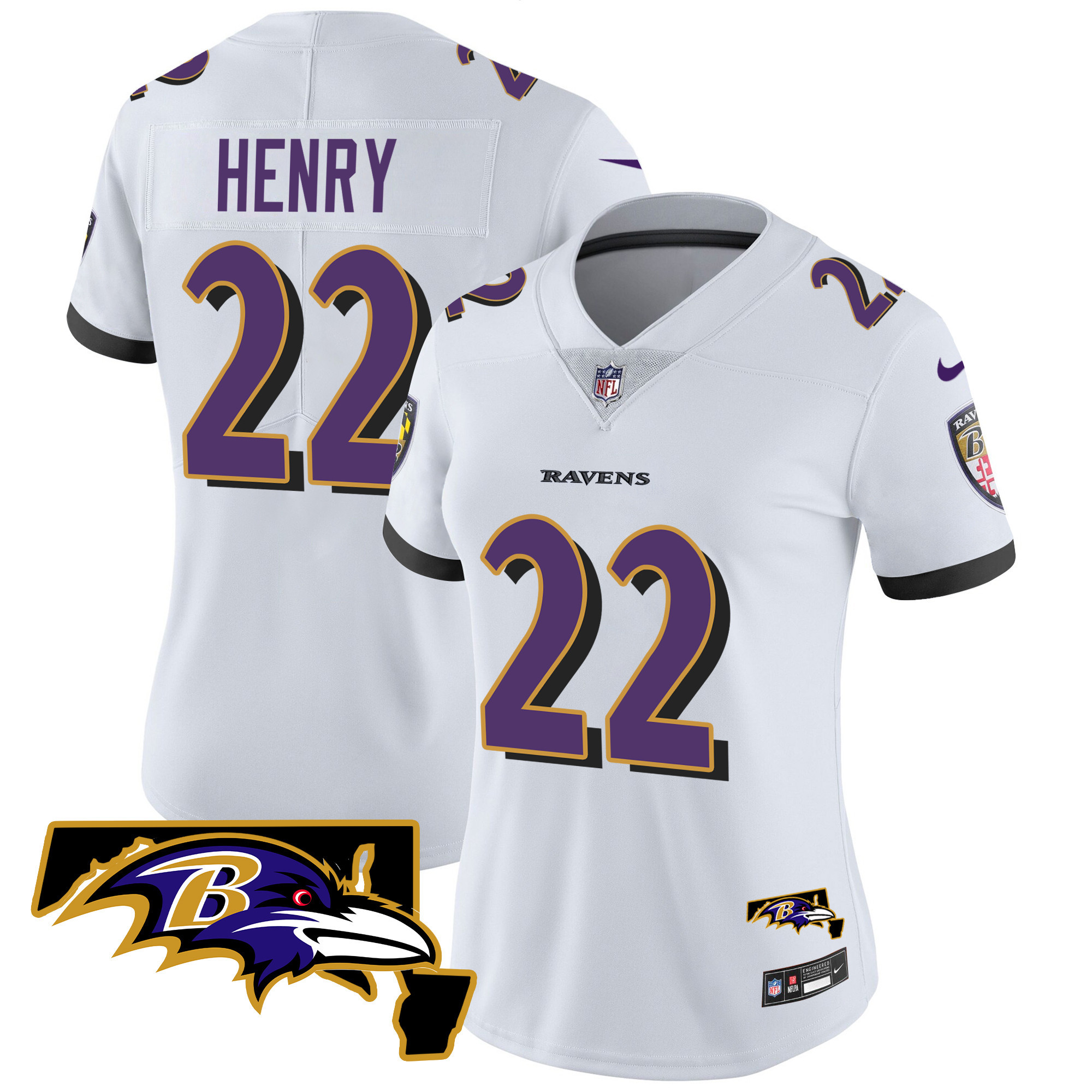 Derrick Henry Women's Baltimore Ravens Maryland Patch Vapor Limited White Jersey - All Stitched