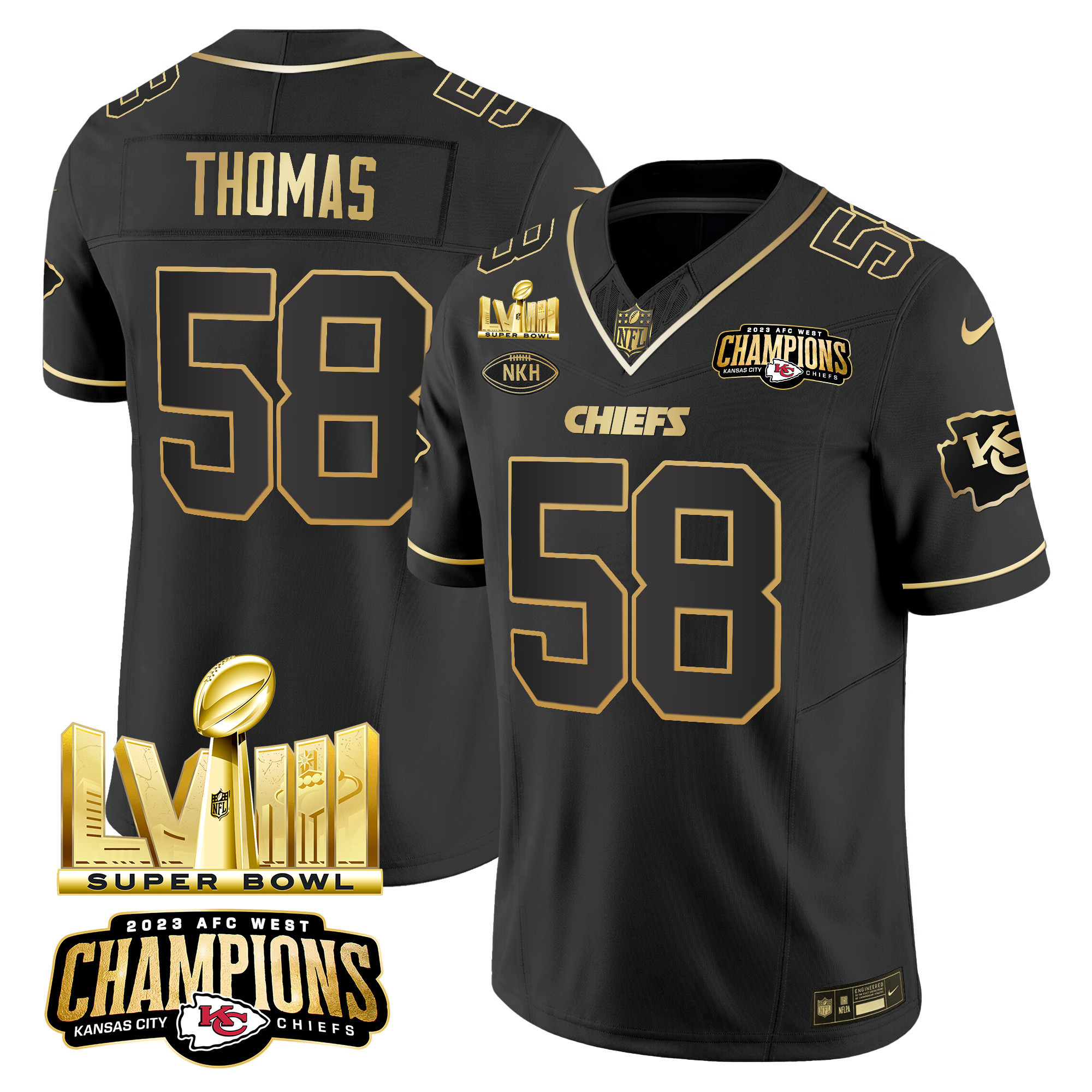 Derrick Thomas Men's Kansas City Chiefs AFC West Champions & Super Bowl LVIII Gold Patch Vapor Black Gold Jersey - All Stitched