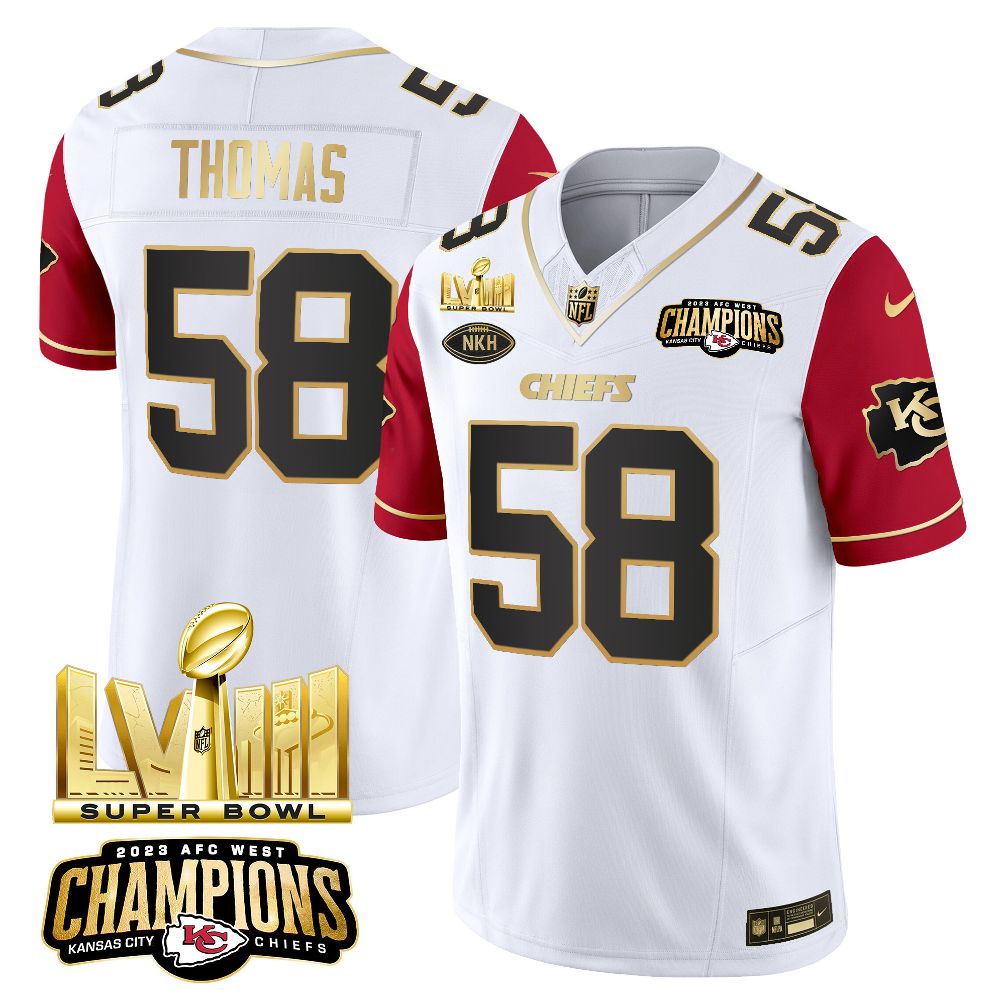Derrick Thomas Men's Kansas City Chiefs AFC West Champions & Super Bowl LVIII Gold Patch Vapor Color Sleeves Jersey - All Stitched