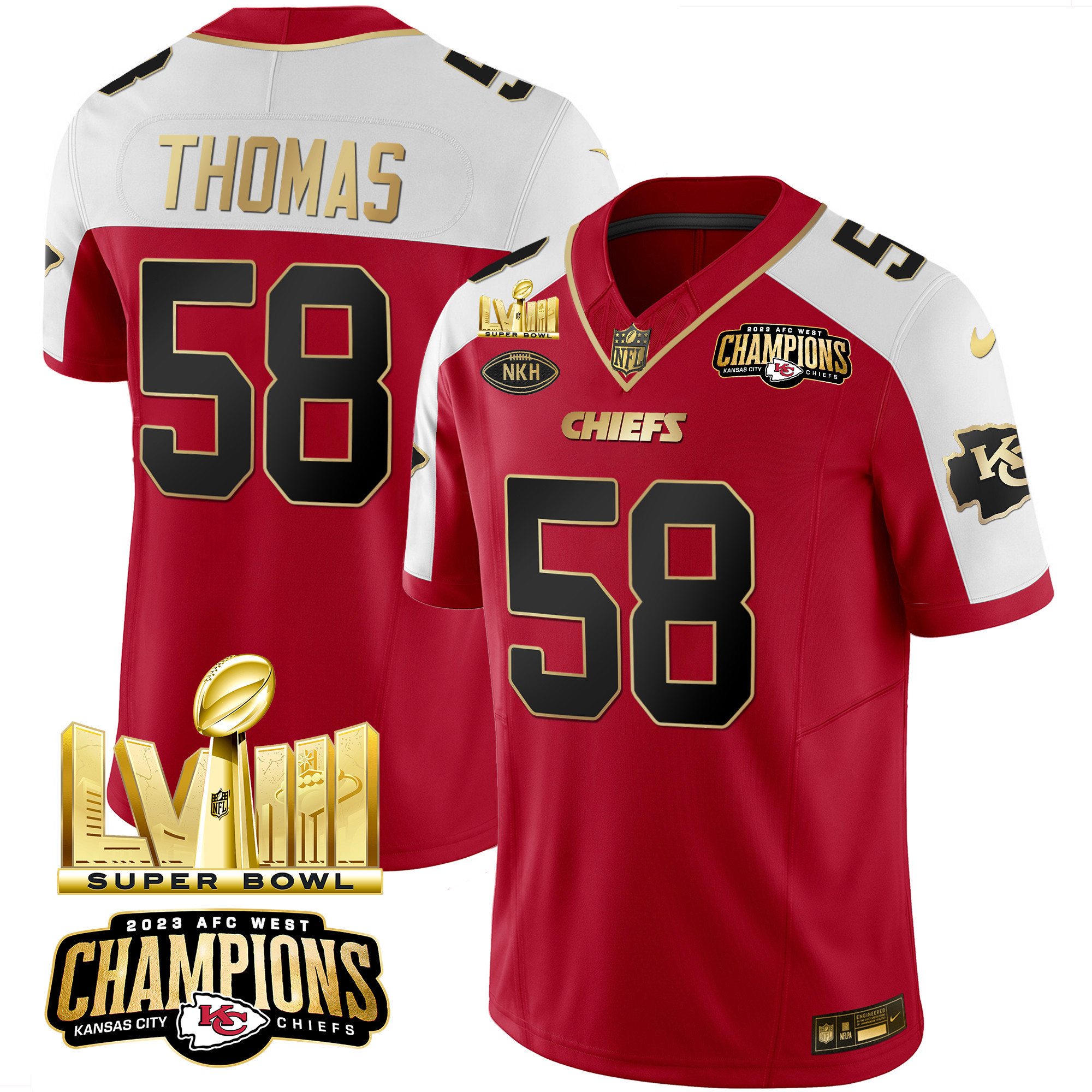 Derrick Thomas Men's Kansas City Chiefs AFC West Champions & Super Bowl LVIII Gold Patch Vapor Red Alternate Jersey - All Stitched
