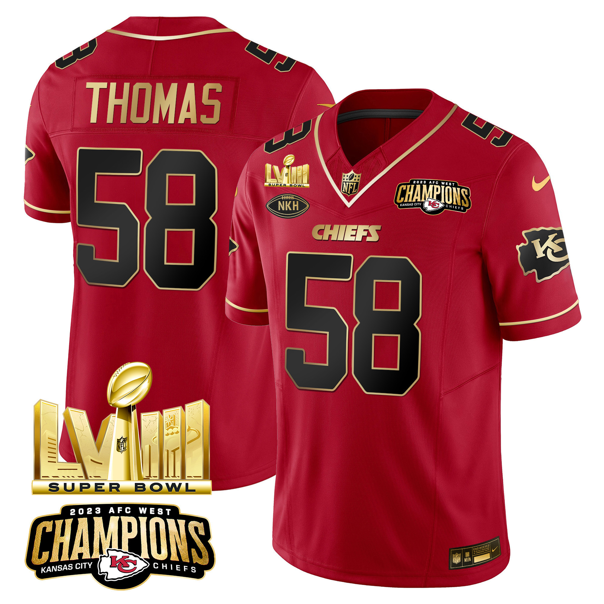 Derrick Thomas Men's Kansas City Chiefs AFC West Champions & Super Bowl LVIII Gold Patch Vapor Red Special Jersey - All Stitched
