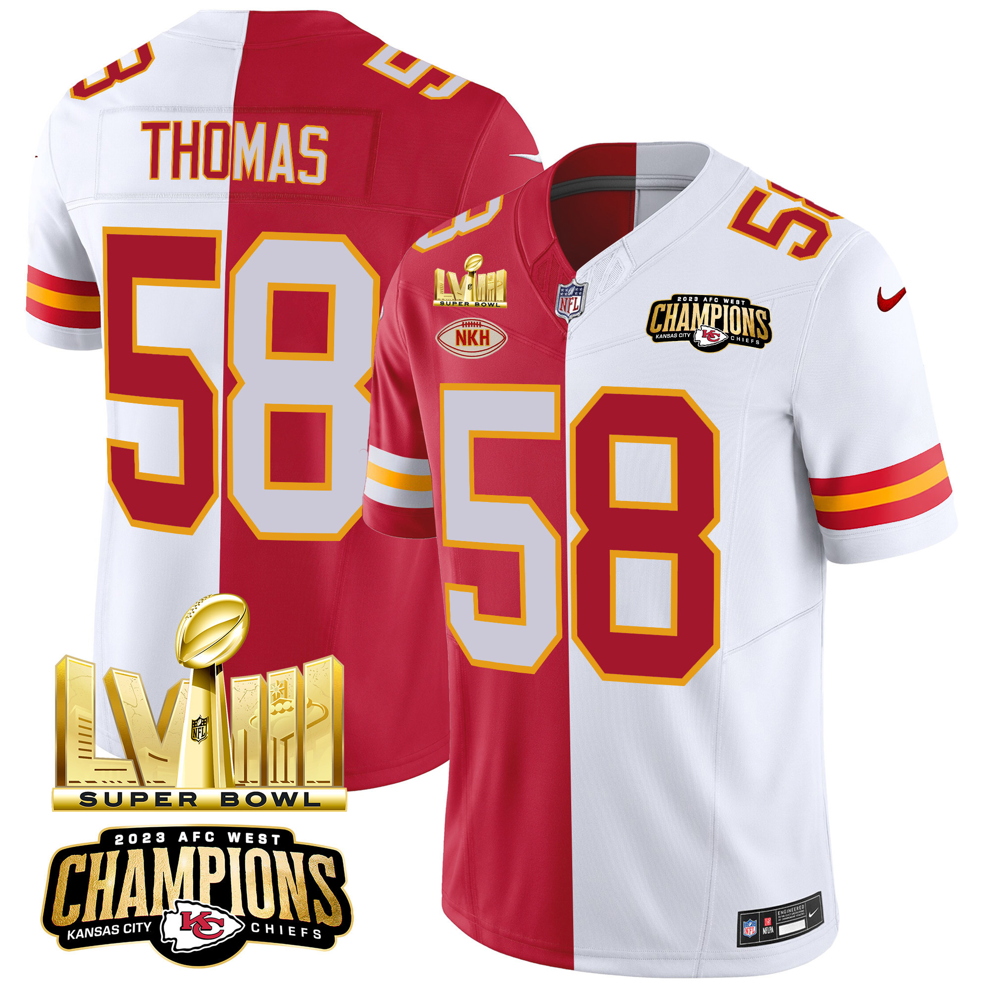 Derrick Thomas Men's Kansas City Chiefs AFC West Champions & Super Bowl LVIII Gold Patch Vapor Split Jersey - All Stitched