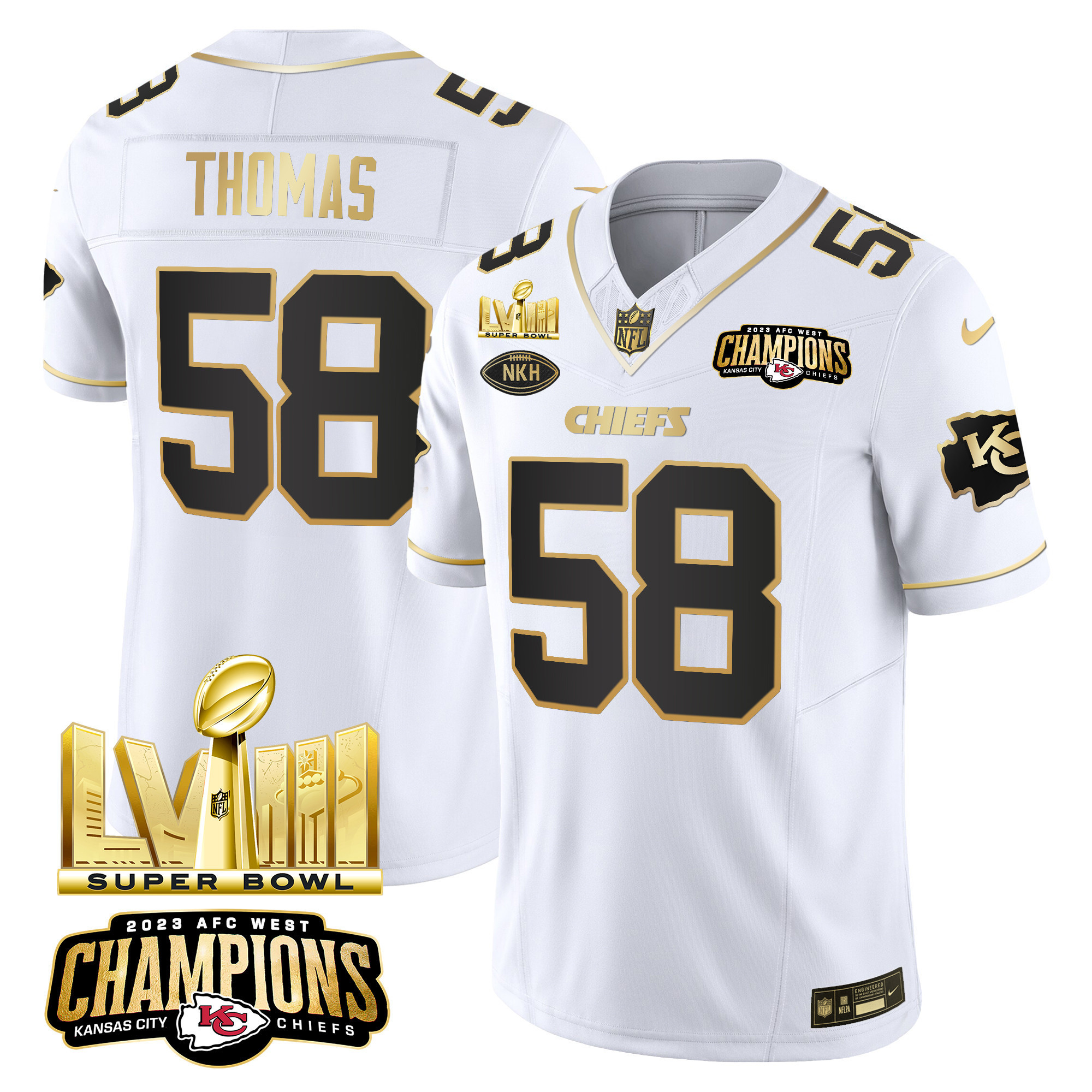 Derrick Thomas Men's Kansas City Chiefs AFC West Champions & Super Bowl LVIII Gold Patch Vapor White Gold Jersey - All Stitched