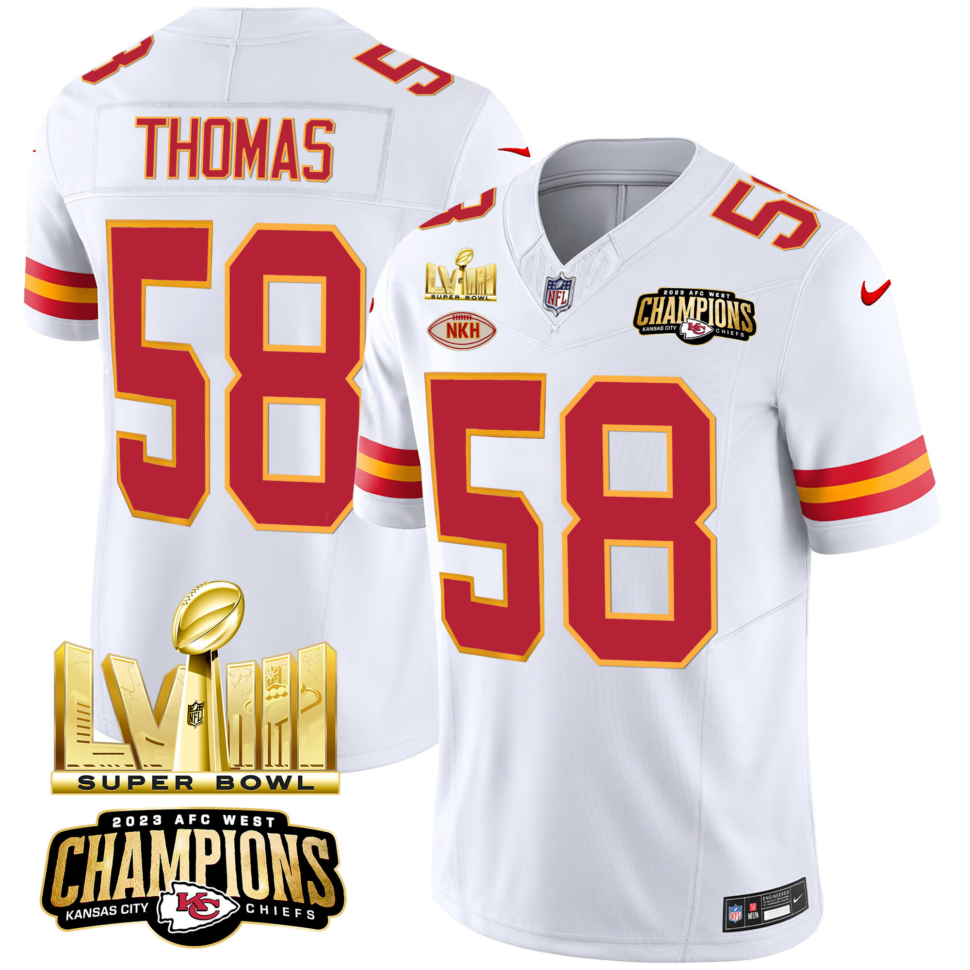 Derrick Thomas Men's Kansas City Chiefs AFC West Champions & Super Bowl LVIII Gold Patch Vapor White Jersey - All Stitched