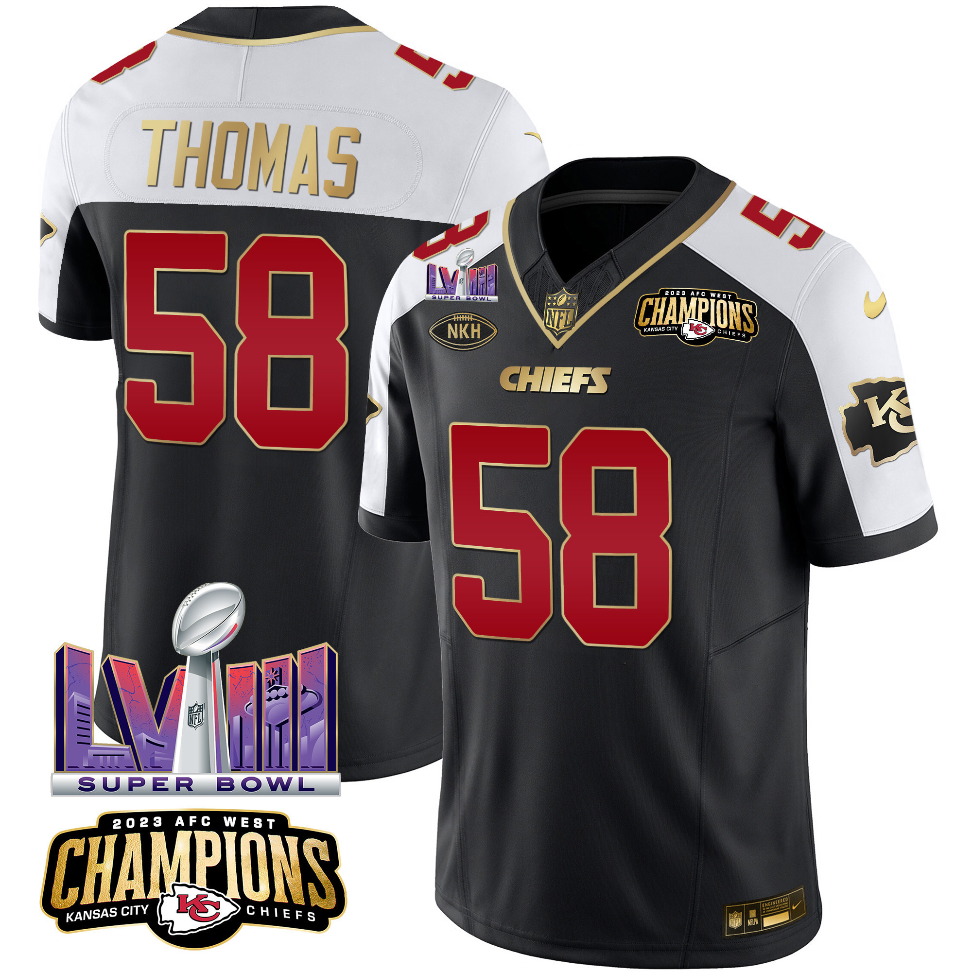 Derrick Thomas Men's Kansas City Chiefs AFC West Champions & Super Bowl LVIII Patch Vapor Black Alternate Jersey - All Stitched