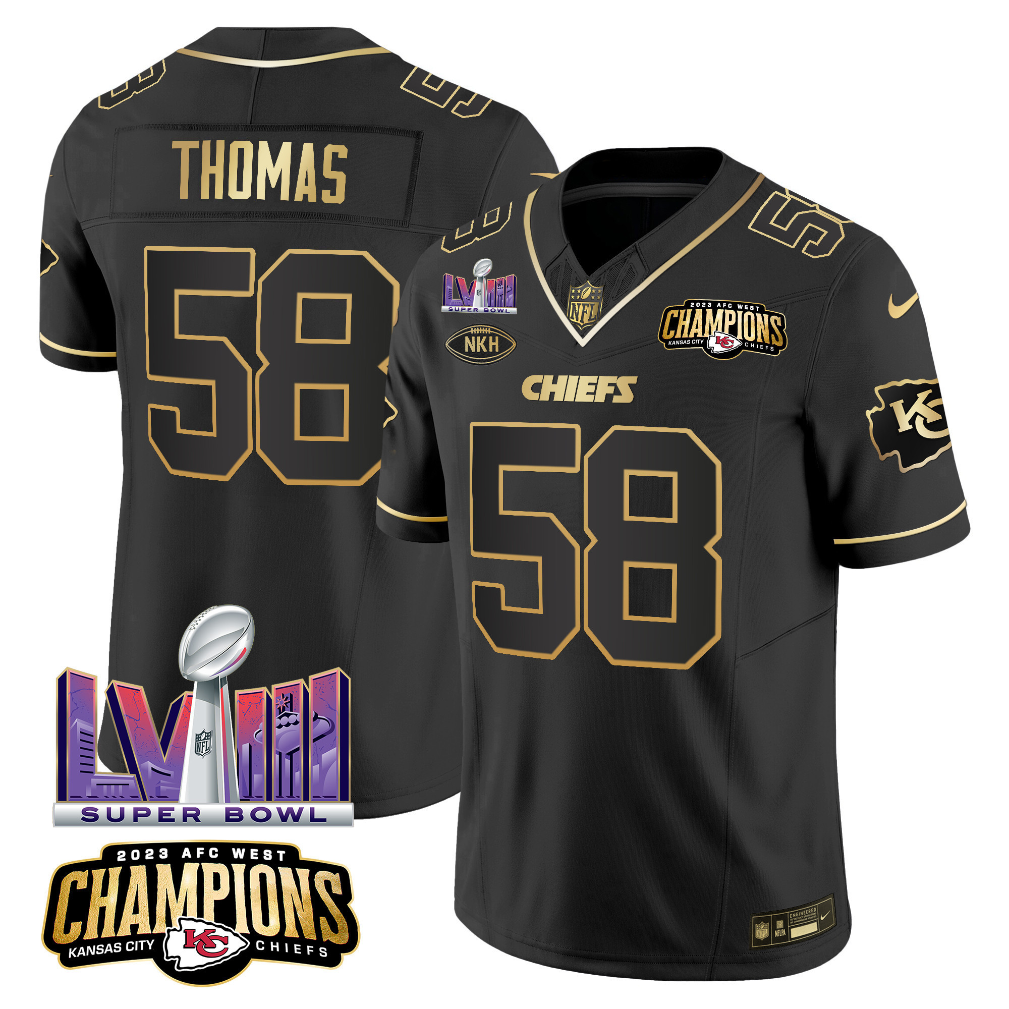 Derrick Thomas Men's Kansas City Chiefs AFC West Champions & Super Bowl LVIII Patch Vapor Black Gold Jersey - All Stitched