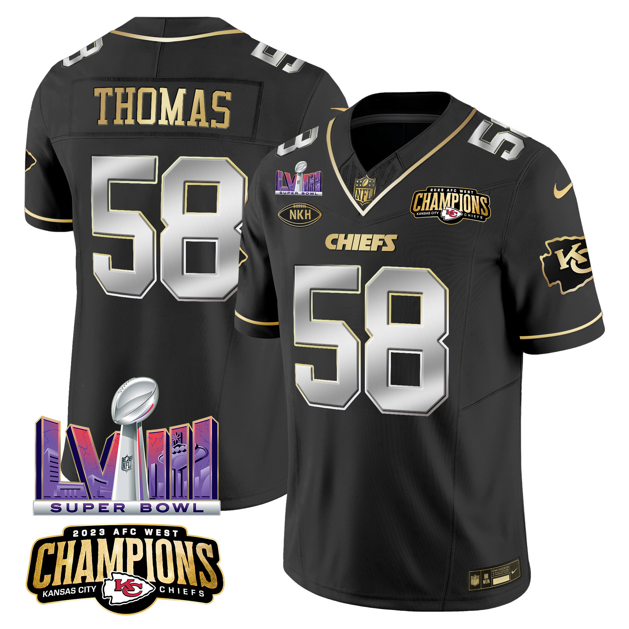 Derrick Thomas Men's Kansas City Chiefs AFC West Champions & Super Bowl LVIII Patch Vapor Black Limited Jersey - All Stitched