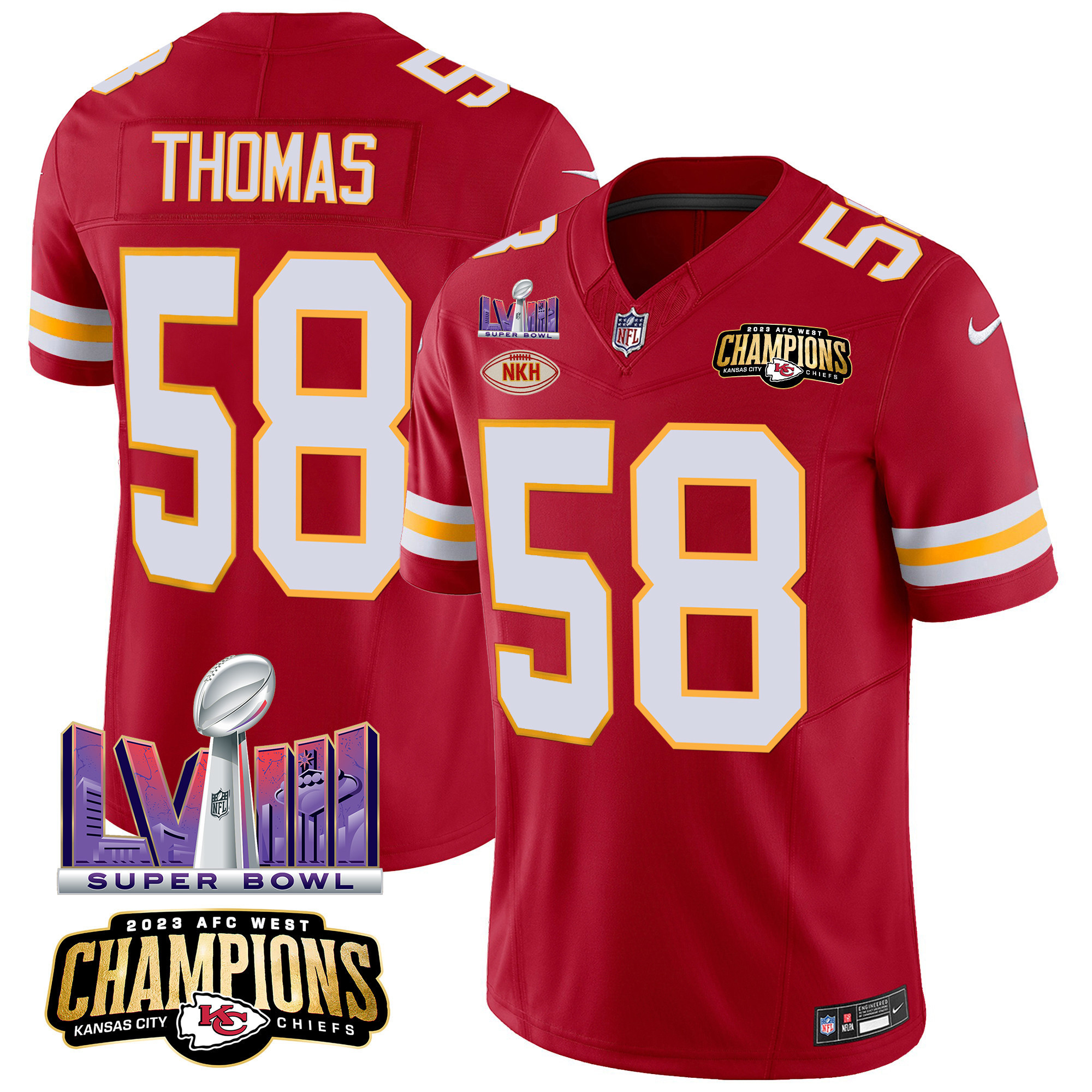 Derrick Thomas Men's Kansas City Chiefs AFC West Champions & Super Bowl LVIII Patch Vapor Red Jersey - All Stitched