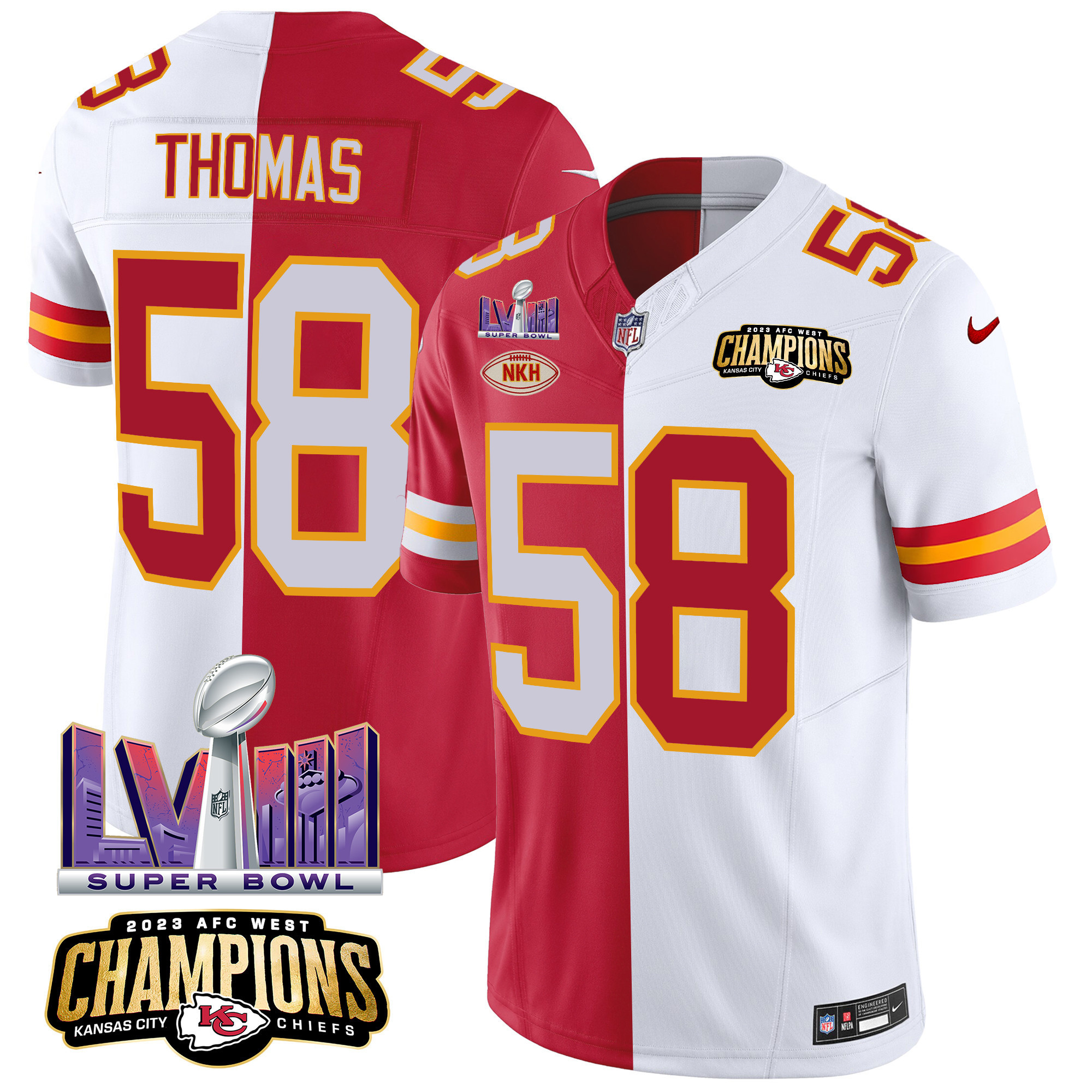 Derrick Thomas Men's Kansas City Chiefs AFC West Champions & Super Bowl LVIII Patch Vapor Split Jersey - All Stitched