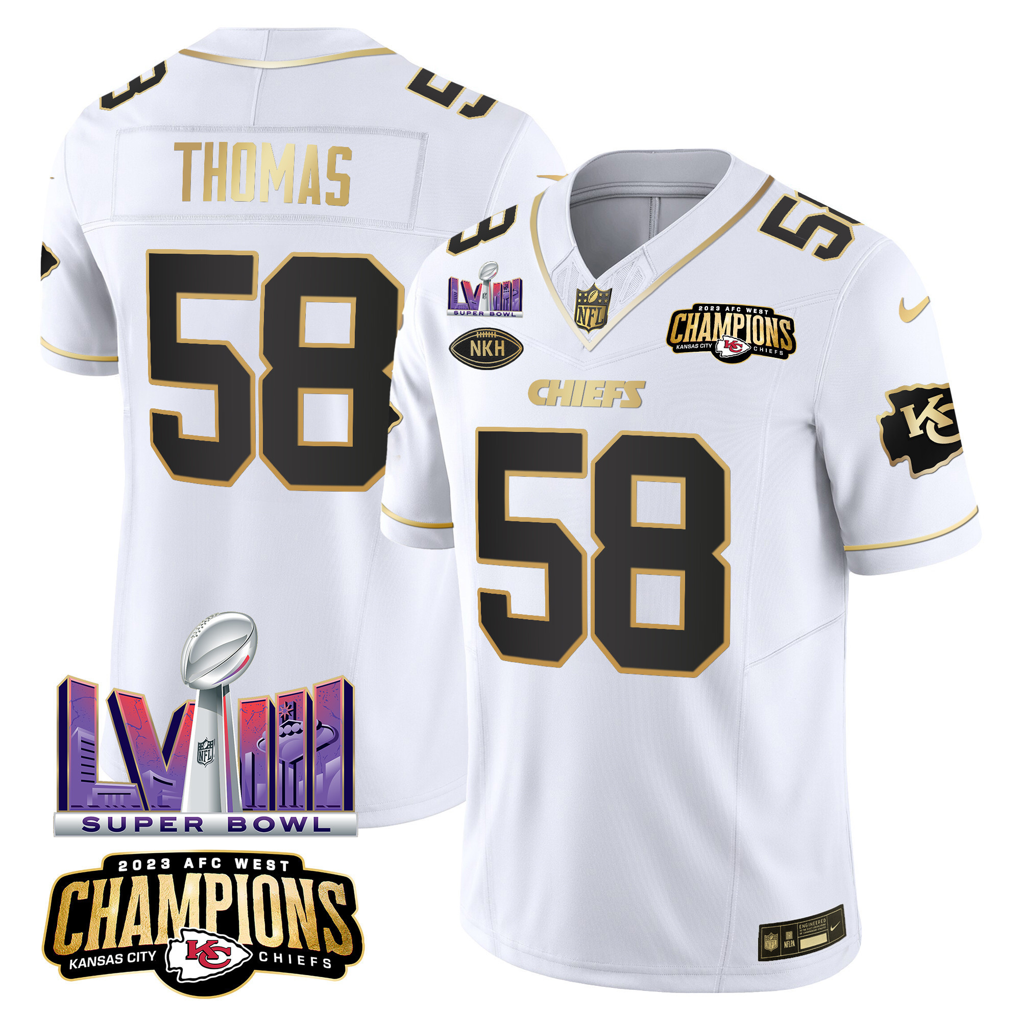 Derrick Thomas Men's Kansas City Chiefs AFC West Champions & Super Bowl LVIII Patch Vapor White Gold Jersey - All Stitched