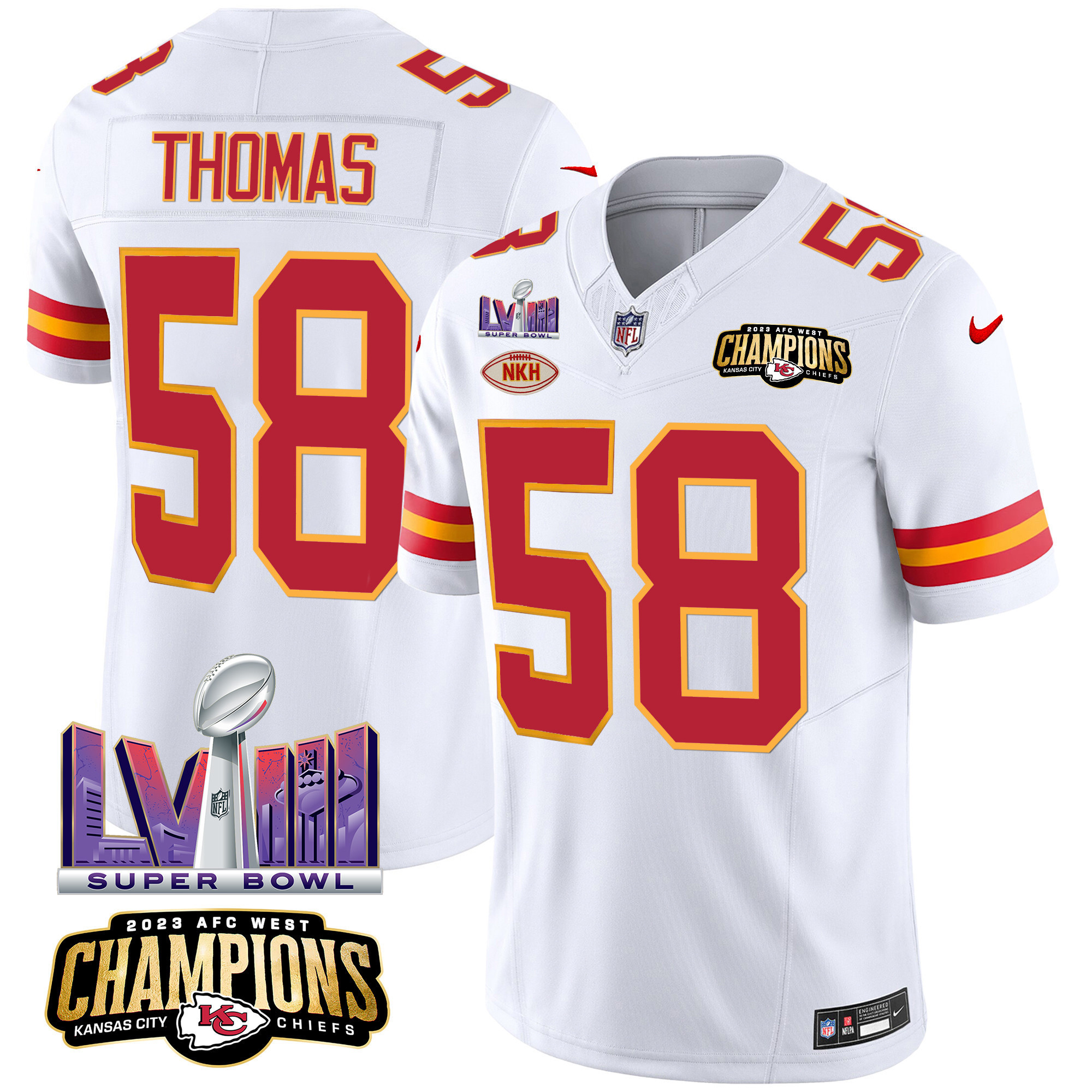 Derrick Thomas Men's Kansas City Chiefs AFC West Champions & Super Bowl LVIII Patch Vapor White Jersey - All Stitched