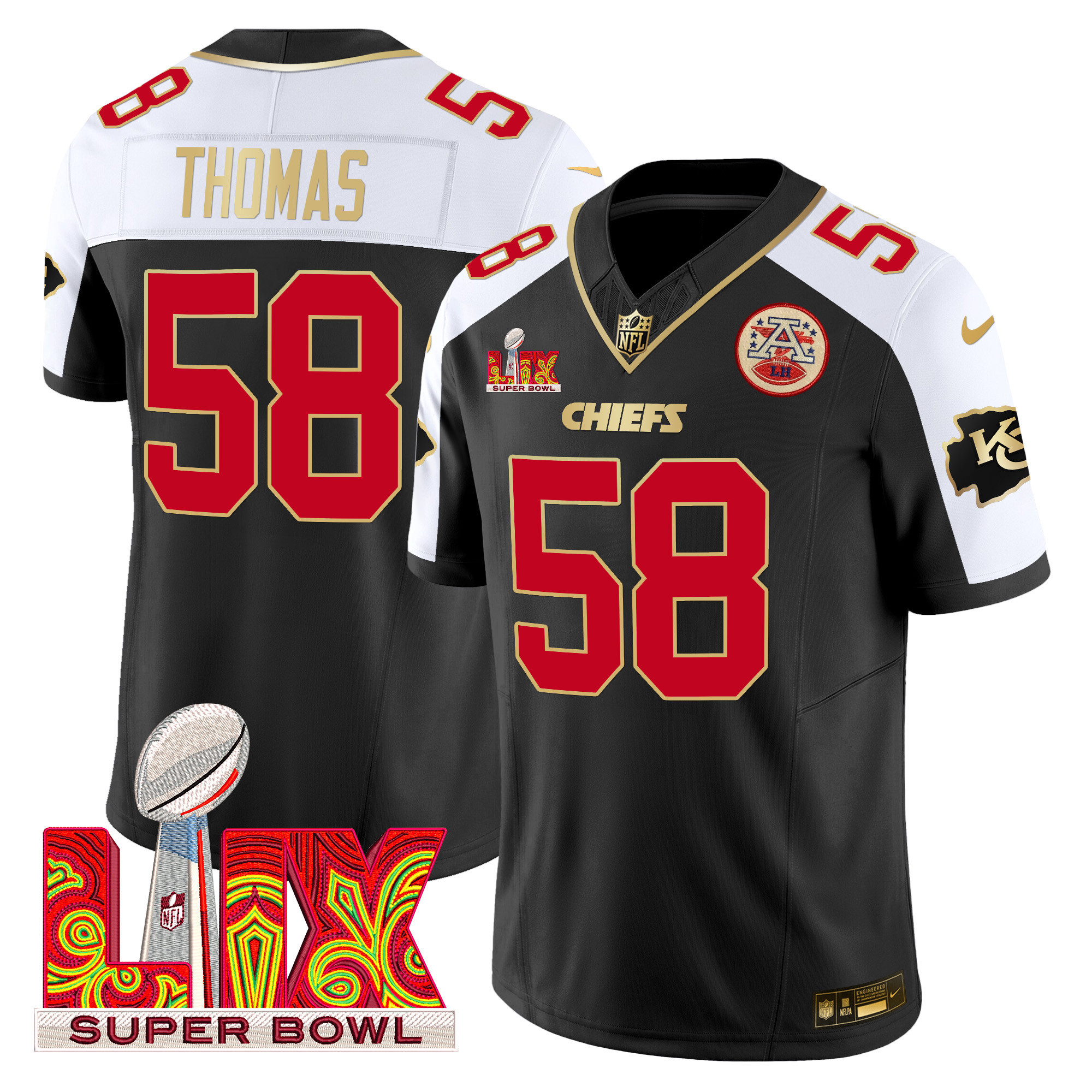 Derrick Thomas Men's Kansas City Chiefs Super Bowl LIX Patch Gold Trim Vapor Limited Black Alternate Jersey - All Stitched