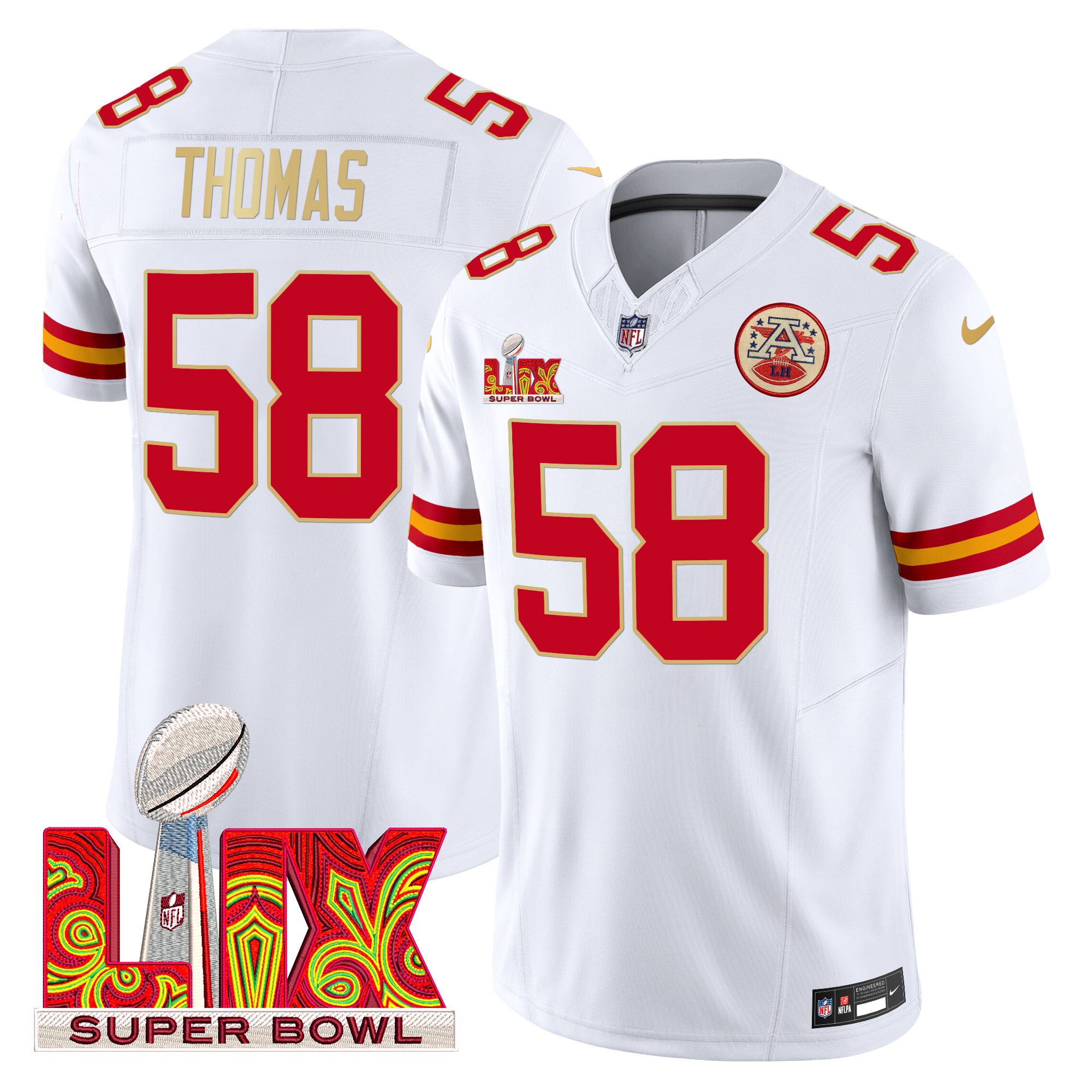 Derrick Thomas Men's Kansas City Chiefs Super Bowl LIX Patch Gold Trim Vapor Limited White Jersey - All Stitched