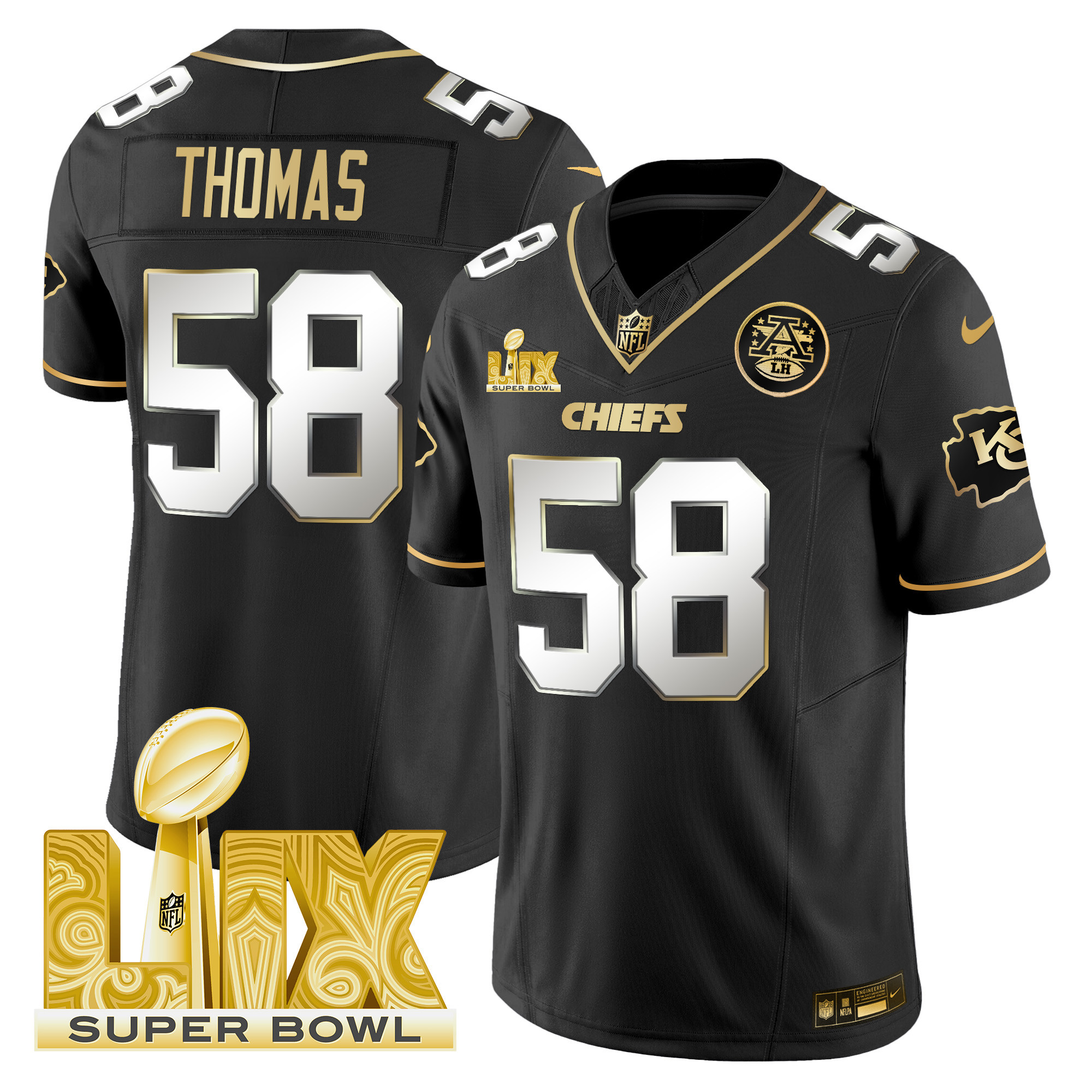 Derrick Thomas Men's Kansas City Chiefs Super Bowl LIX Patch Gold Vapor Limited Black Limited Jersey - All Stitched