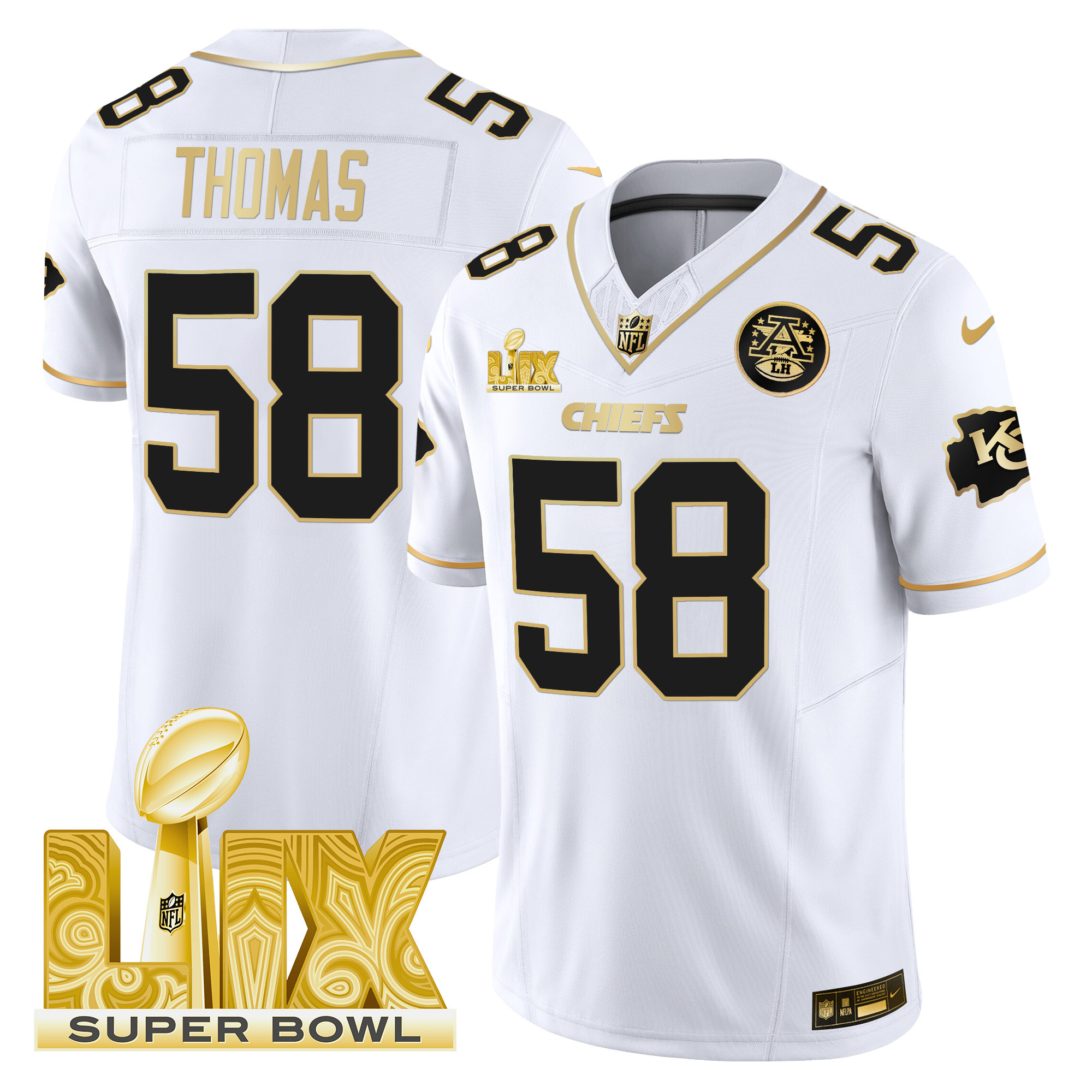 Derrick Thomas Men's Kansas City Chiefs Super Bowl LIX Patch Gold Vapor Limited White Gold Jersey - All Stitched