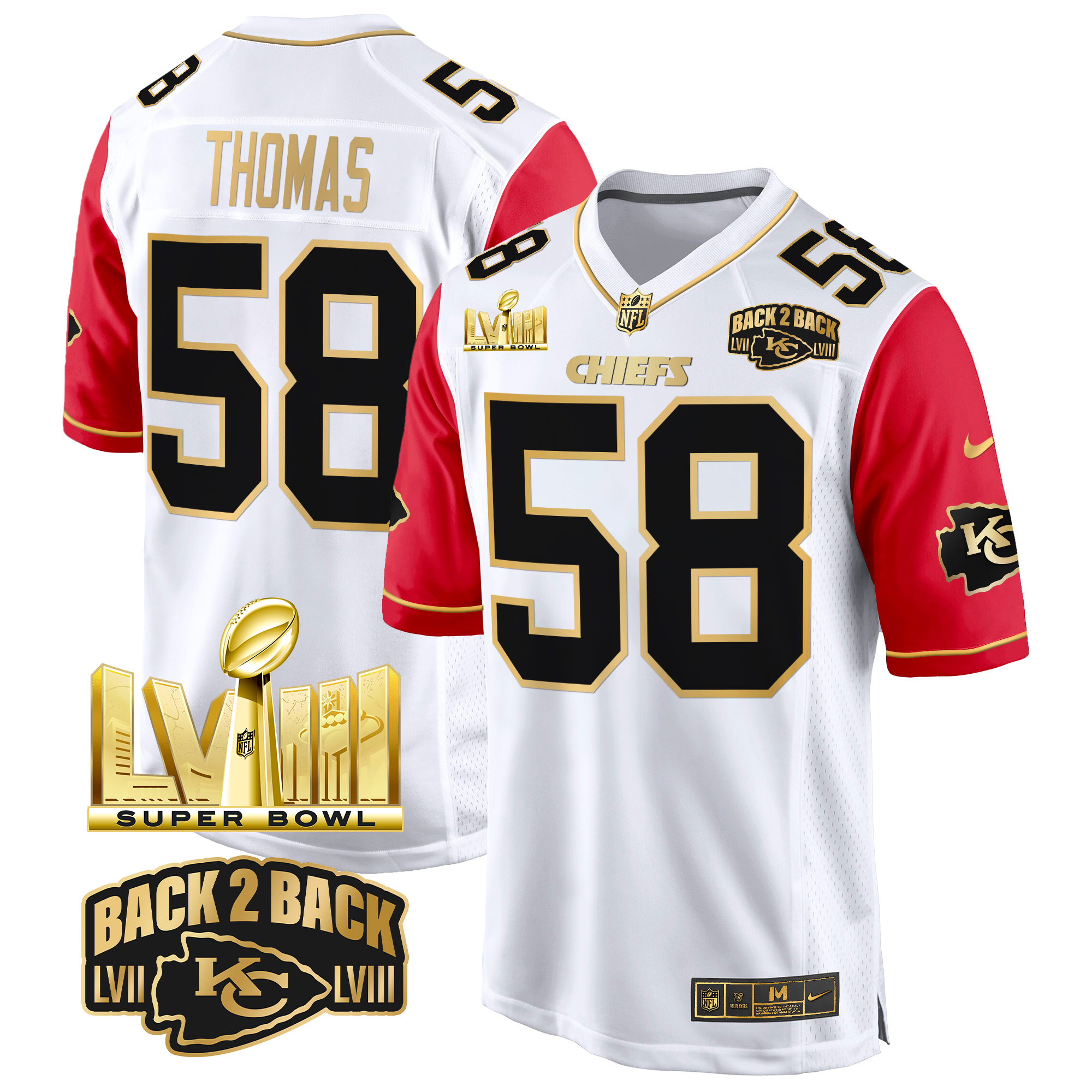 Derrick Thomas Men's Kansas City Chiefs Super Bowl LVIII & Back 2 Back Gold Game Color Sleeves Jersey - All Stitched
