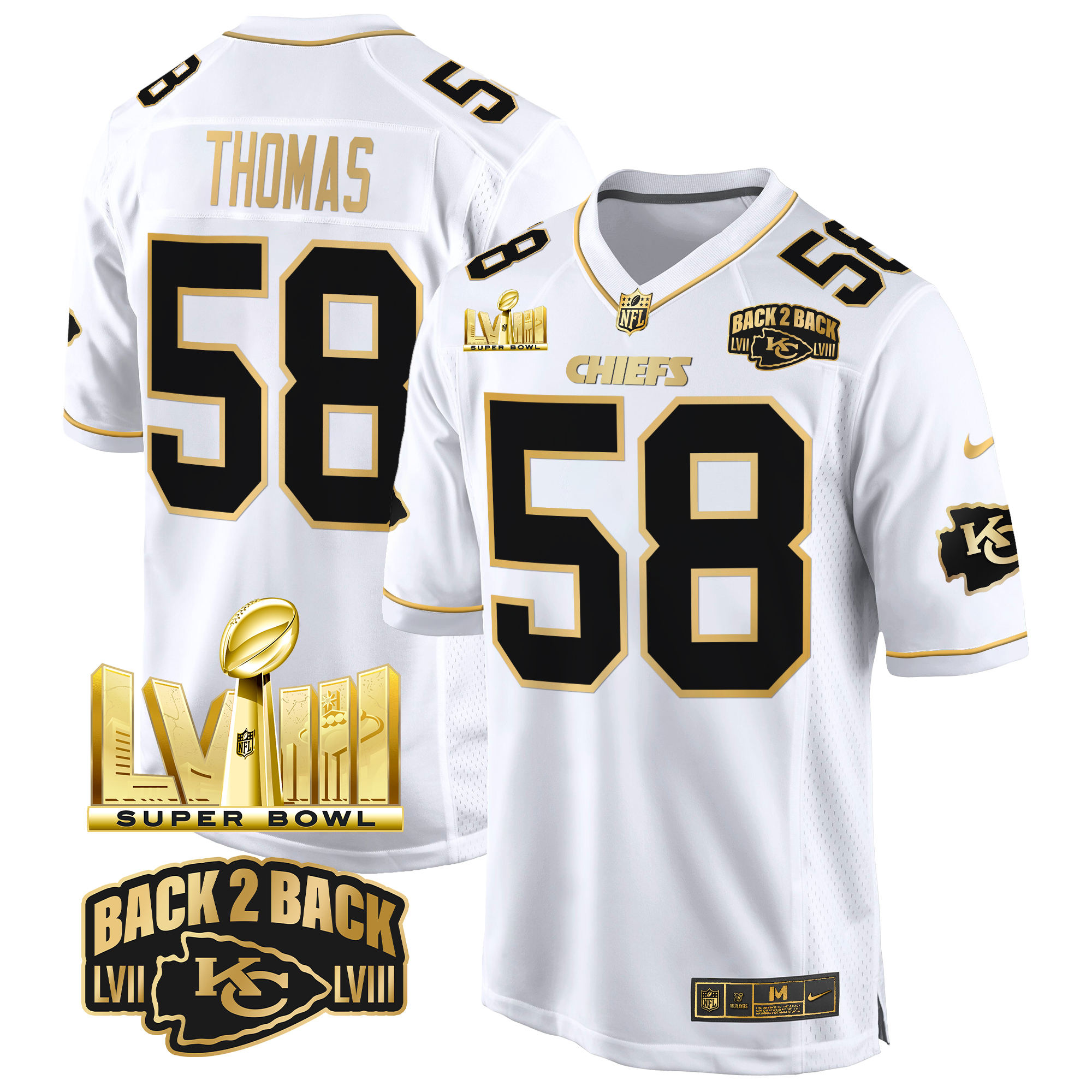 Derrick Thomas Men's Kansas City Chiefs Super Bowl LVIII & Back 2 Back Gold Game White Gold Jersey - All Stitched