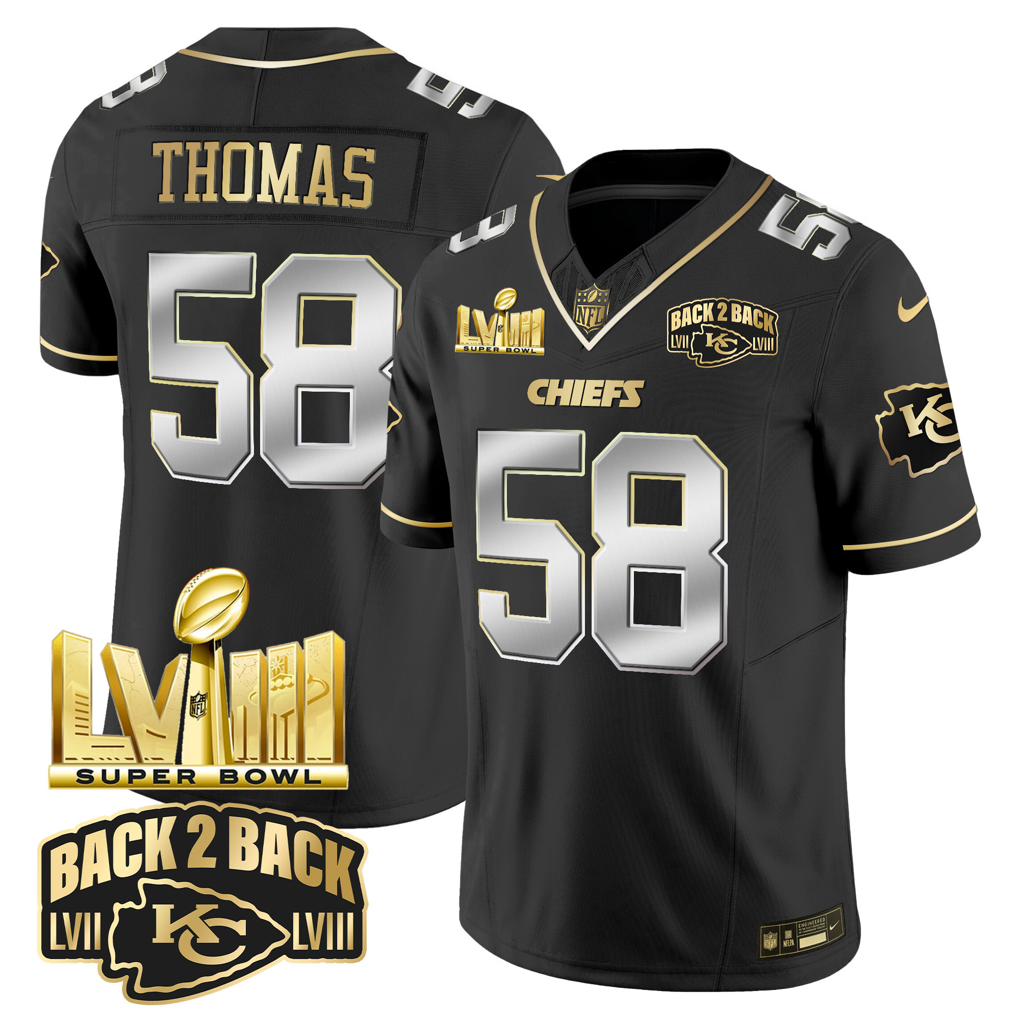 Derrick Thomas Men's Kansas City Chiefs Super Bowl LVIII & Back 2 Back Gold Patch Vapor Black Limited Jersey - All Stitched