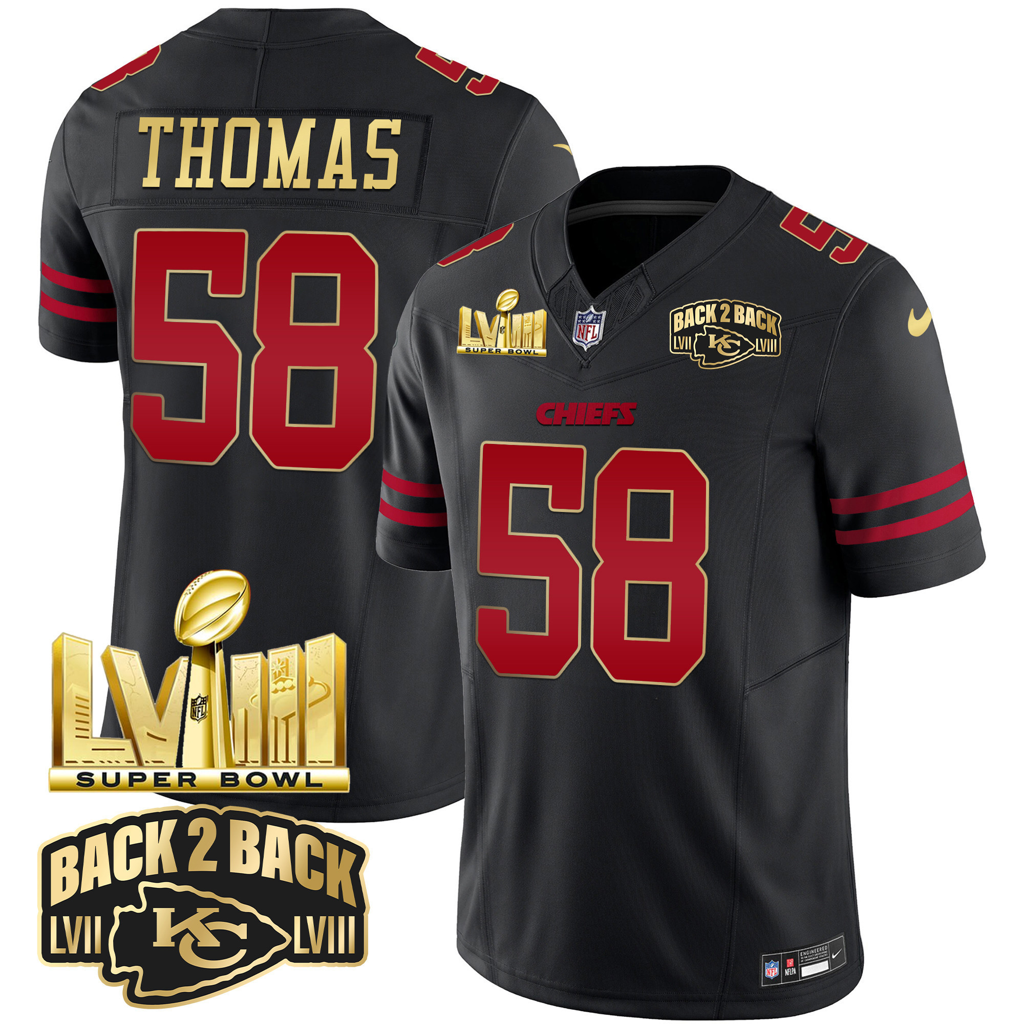 Derrick Thomas Men's Kansas City Chiefs Super Bowl LVIII & Back 2 Back Gold Patch Vapor Gold Trim Jersey - All Stitched