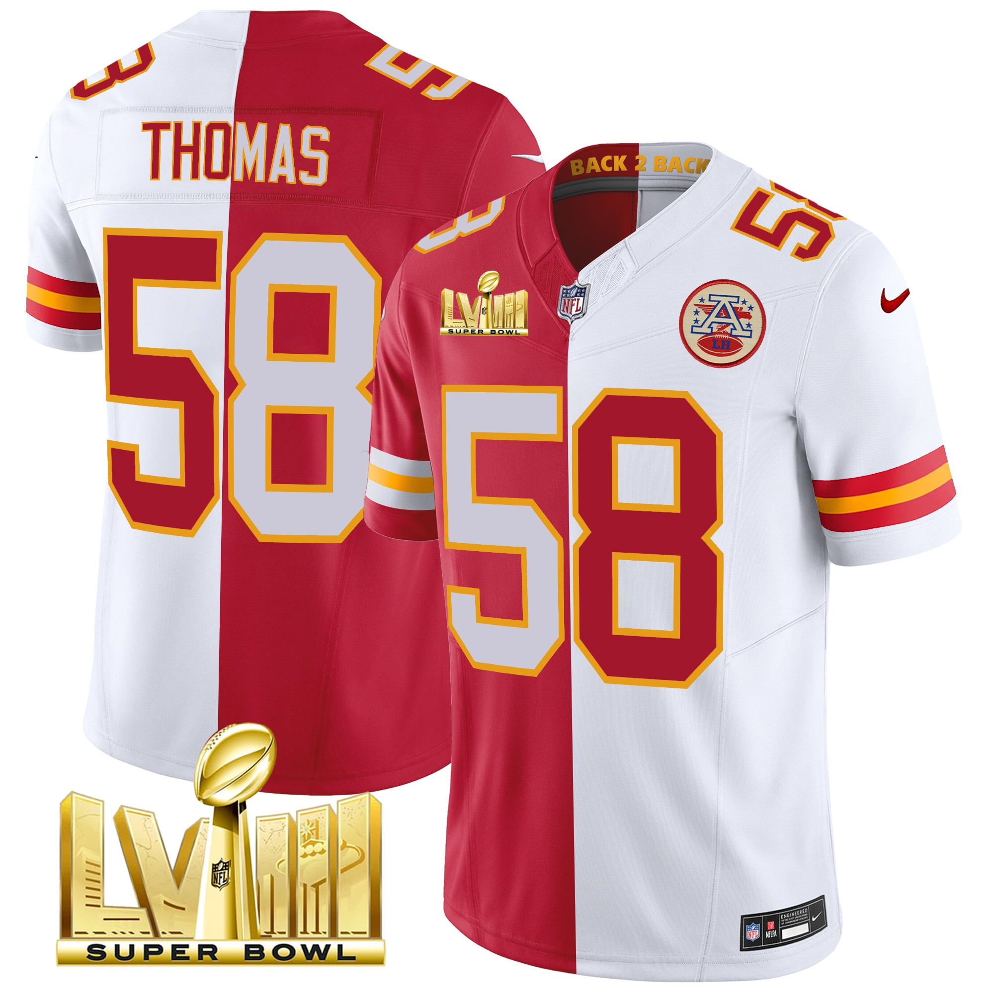 Derrick Thomas Men's Kansas City Chiefs Super Bowl LVIII & Back 2 Back Gold Patch Vapor Split Jersey - All Stitched