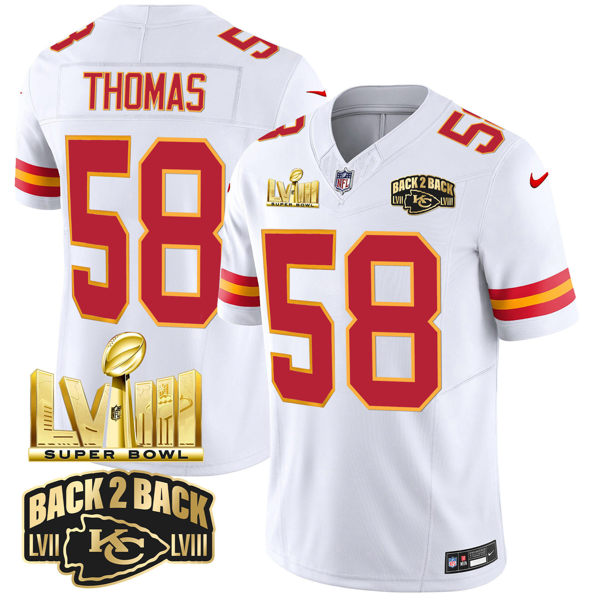 Derrick Thomas Men's Kansas City Chiefs Super Bowl LVIII & Back 2 Back Gold Patch Vapor White Jersey - All Stitched