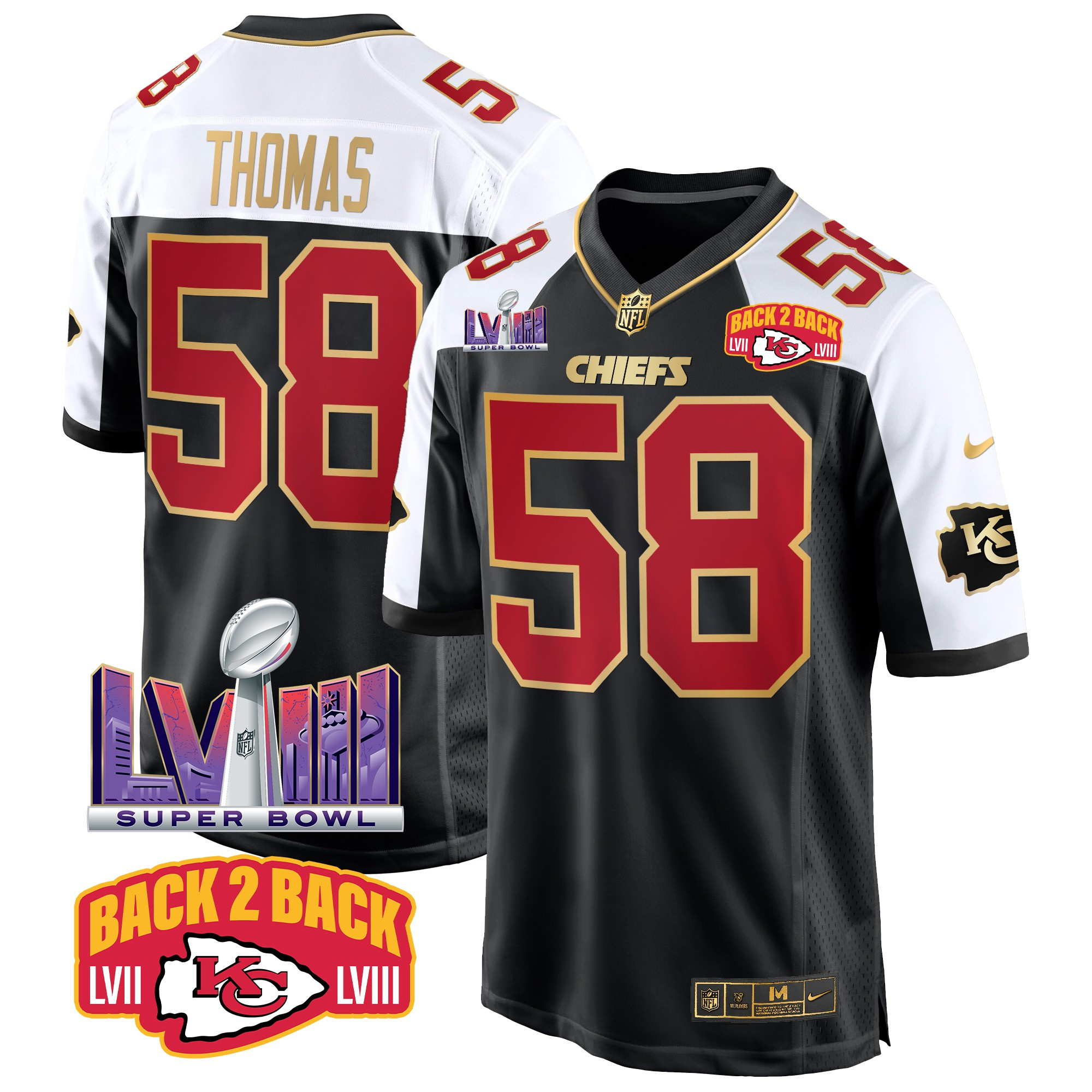 Derrick Thomas Men's Kansas City Chiefs Super Bowl LVIII & Back 2 Back Patch Game Black Alternate Jersey - All Stitched