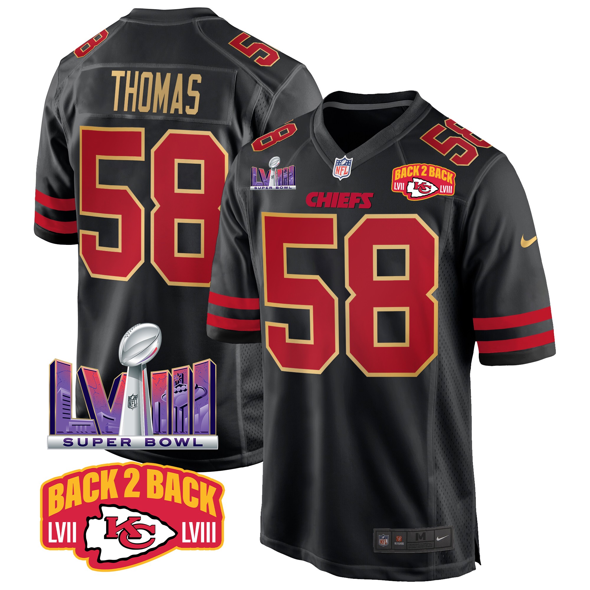 Derrick Thomas Men's Kansas City Chiefs Super Bowl LVIII & Back 2 Back Patch Game Gold Trim Jersey - All Stitched