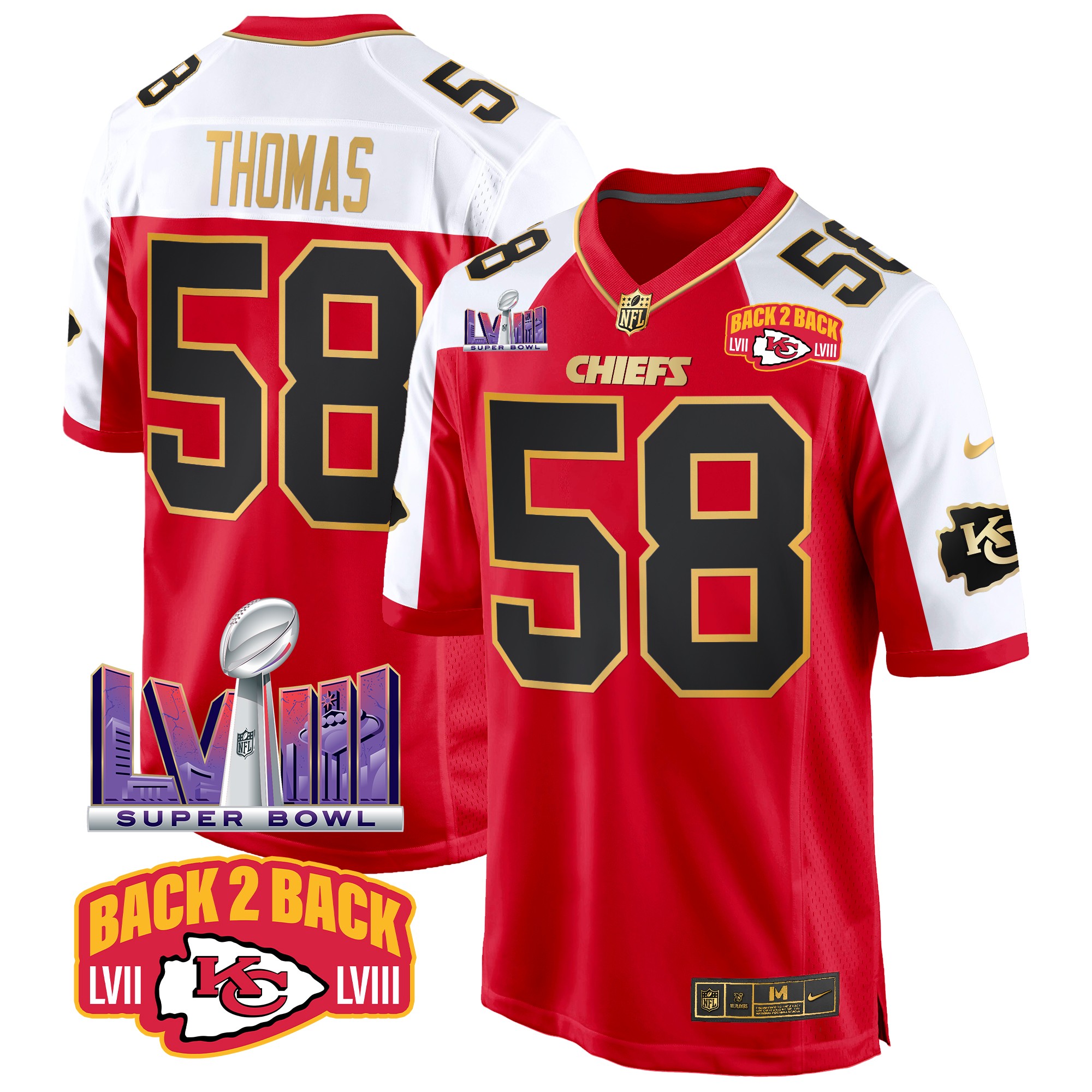 Derrick Thomas Men's Kansas City Chiefs Super Bowl LVIII & Back 2 Back Patch Game Red Alternate Jersey - All Stitched