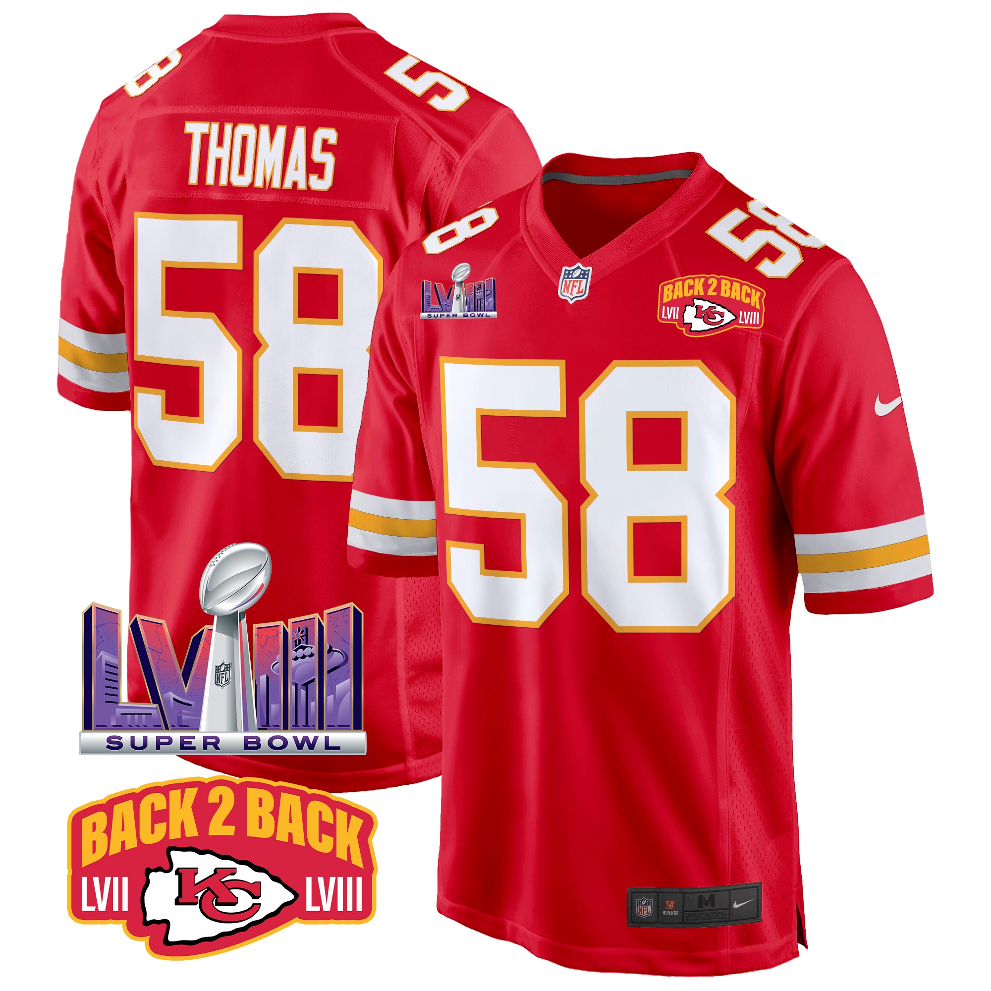 Derrick Thomas Men's Kansas City Chiefs Super Bowl LVIII & Back 2 Back Patch Game Red Jersey - All Stitched
