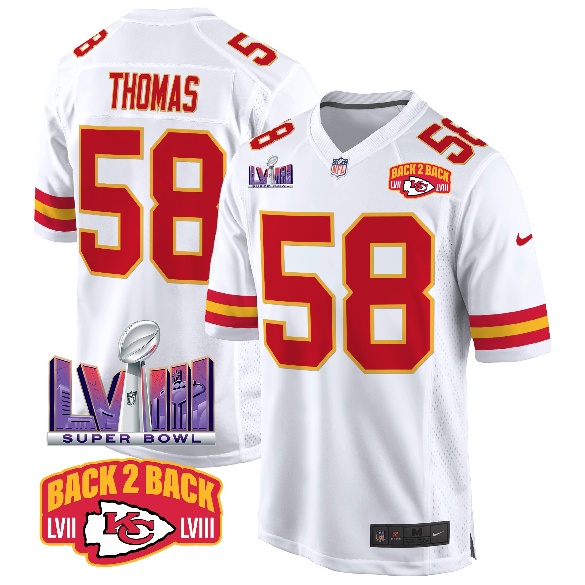 Derrick Thomas Men's Kansas City Chiefs Super Bowl LVIII & Back 2 Back Patch Game White Jersey - All Stitched