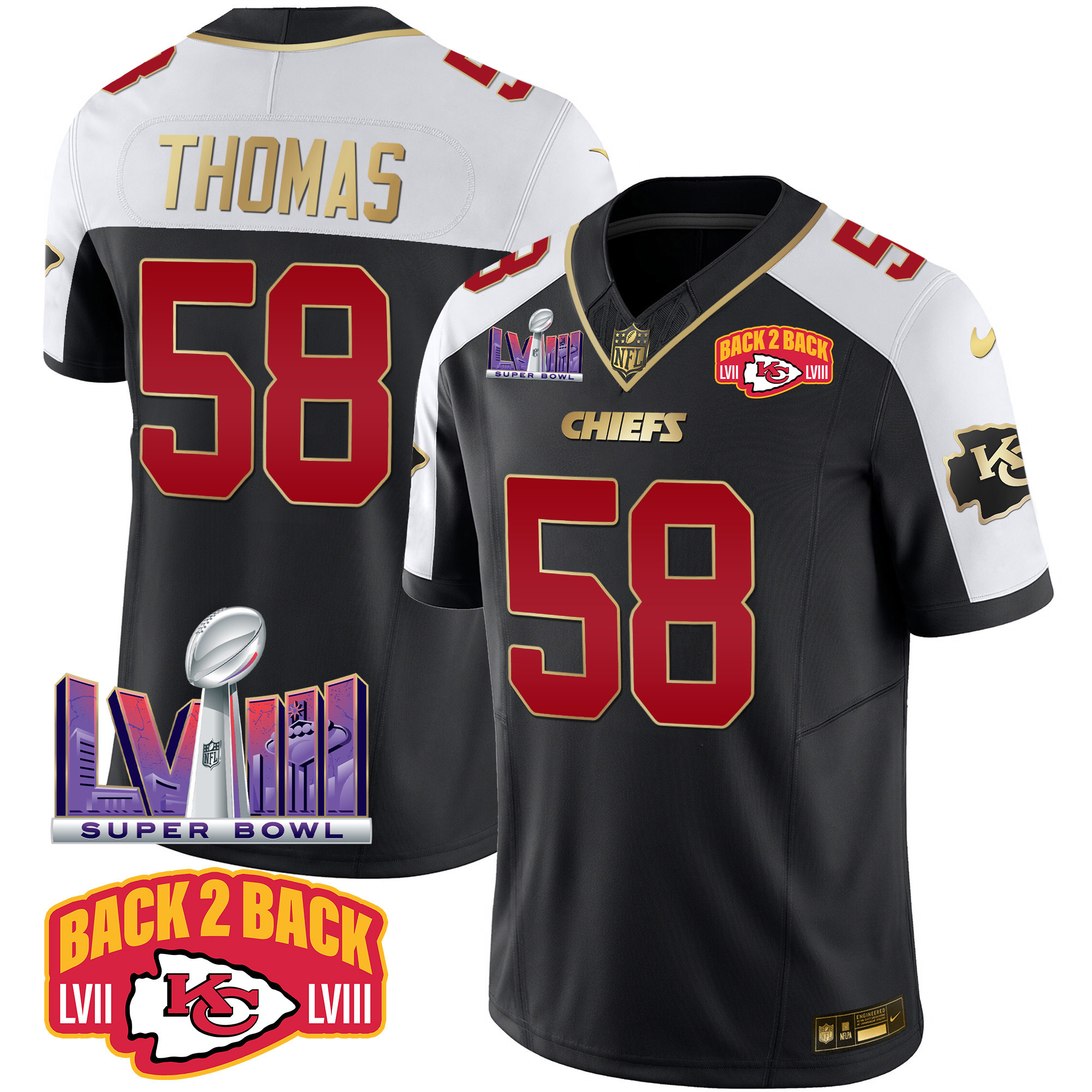 Derrick Thomas Men's Kansas City Chiefs Super Bowl LVIII & Back 2 Back Patch Vapor Black Alternate Jersey - All Stitched