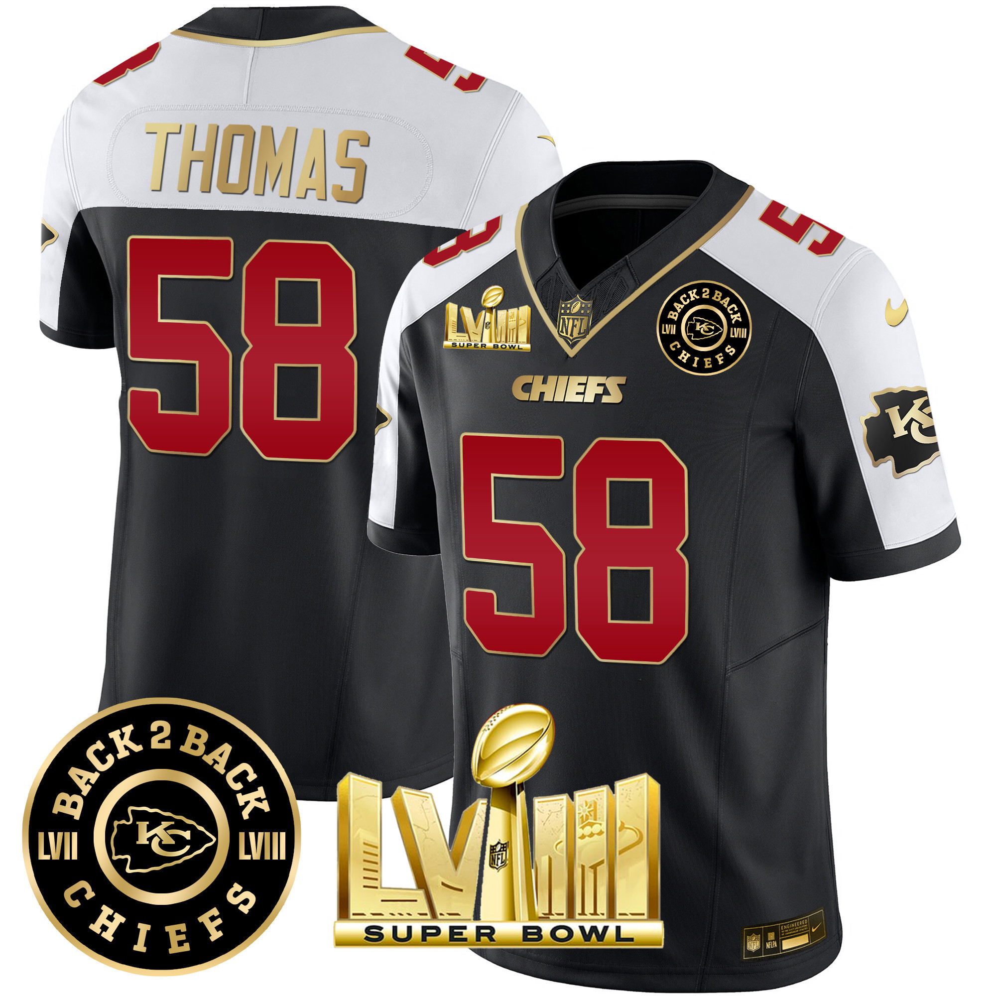 Derrick Thomas Men's Kansas City Chiefs Super Bowl LVIII & Back 2 Back Patch Vapor Black Alternate Jersey - All Stitched